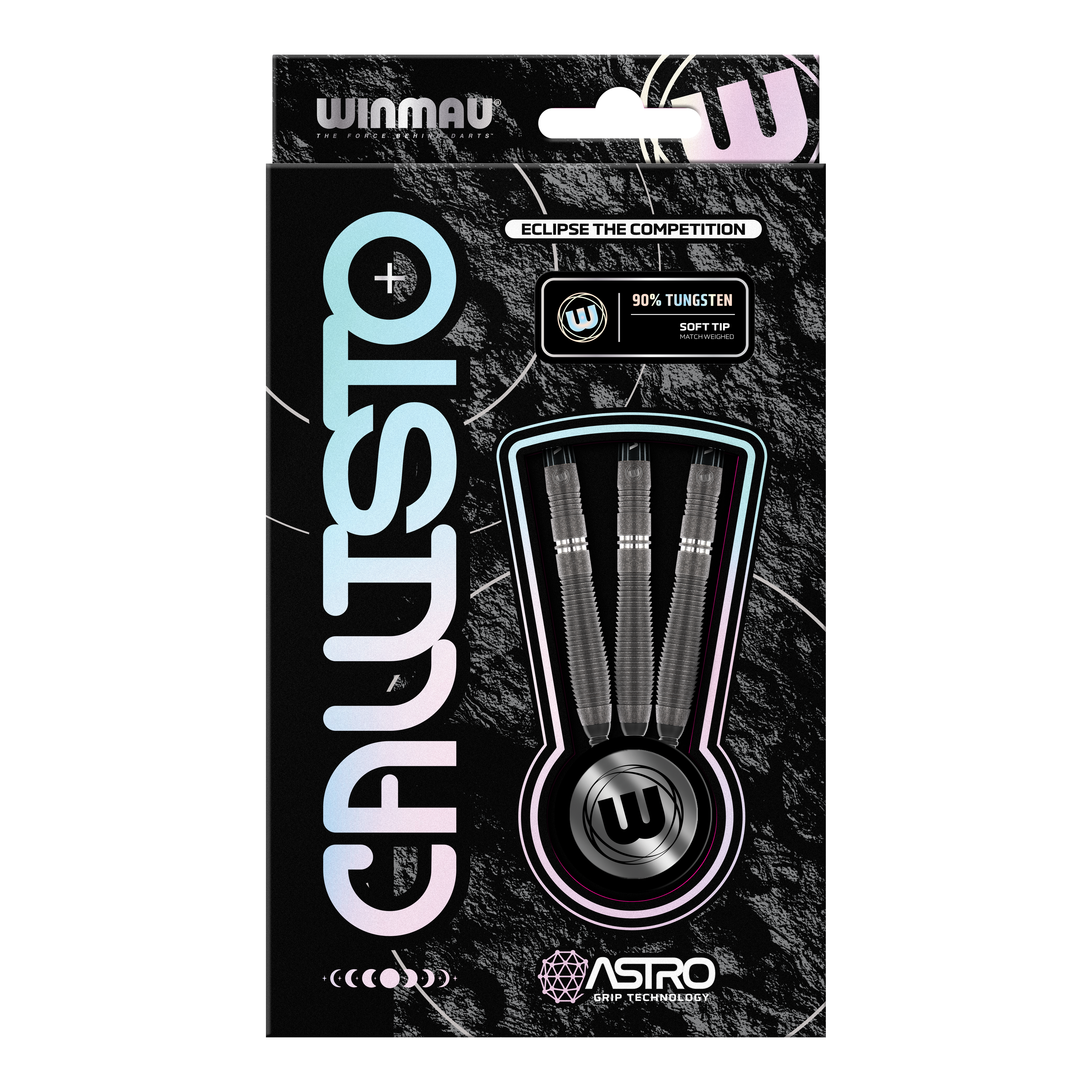 Winmau Callisto 02 soft darts - 20g Die Abbildung zeigt die Verpackung der "Winmau Callisto 02 Softdarts - 20g". In der Packung sind drei Softdarts mit 90 % Tungsten und Astro Grip Technologie zu sehen.