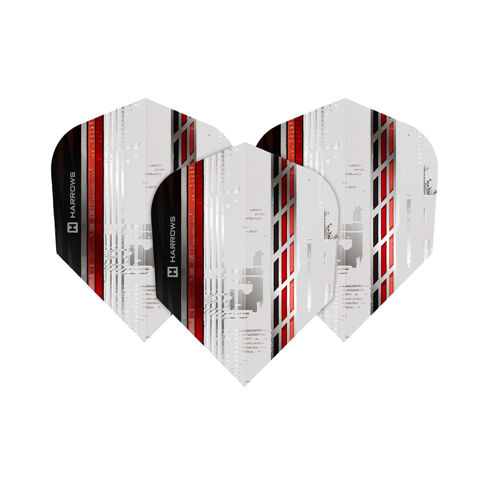 Harrows Sporty No6 Flights in Rot abgebildet. Das Bild zeigt die markante Darts-Flugform.
