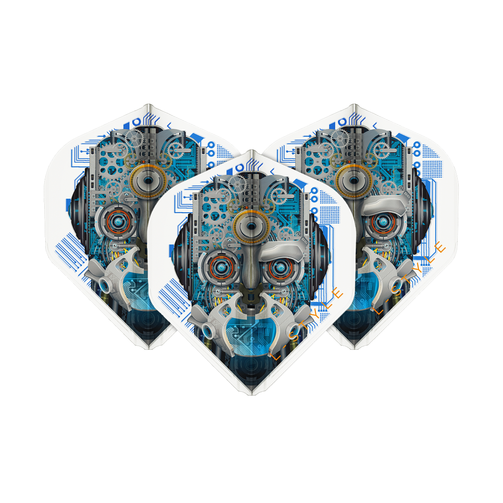 Das Bild zeigt drei Dartflights mit einem futuristischen Roboter-Design in Blau- und Grautönen. Die Flights sind von der Marke L-Style und heißen "Berry Van Peer V3 Clear White L1EZ".