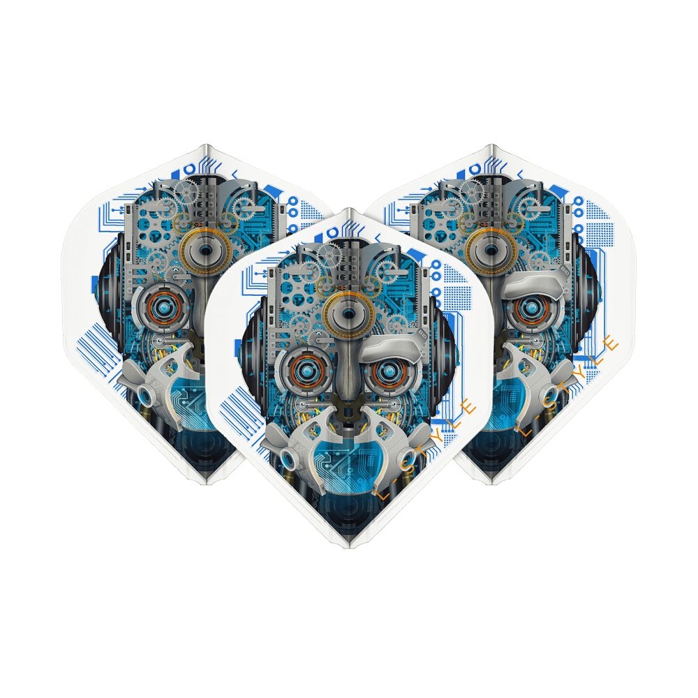 L-Style Berry Van Peer V3 Clear White L1EZ Flights Das Bild zeigt drei Dartflights mit einem futuristischen Roboter-Design in Blau- und Grautönen. Die Flights sind von der Marke L-Style und heißen "Berry Van Peer V3 Clear White L1EZ".