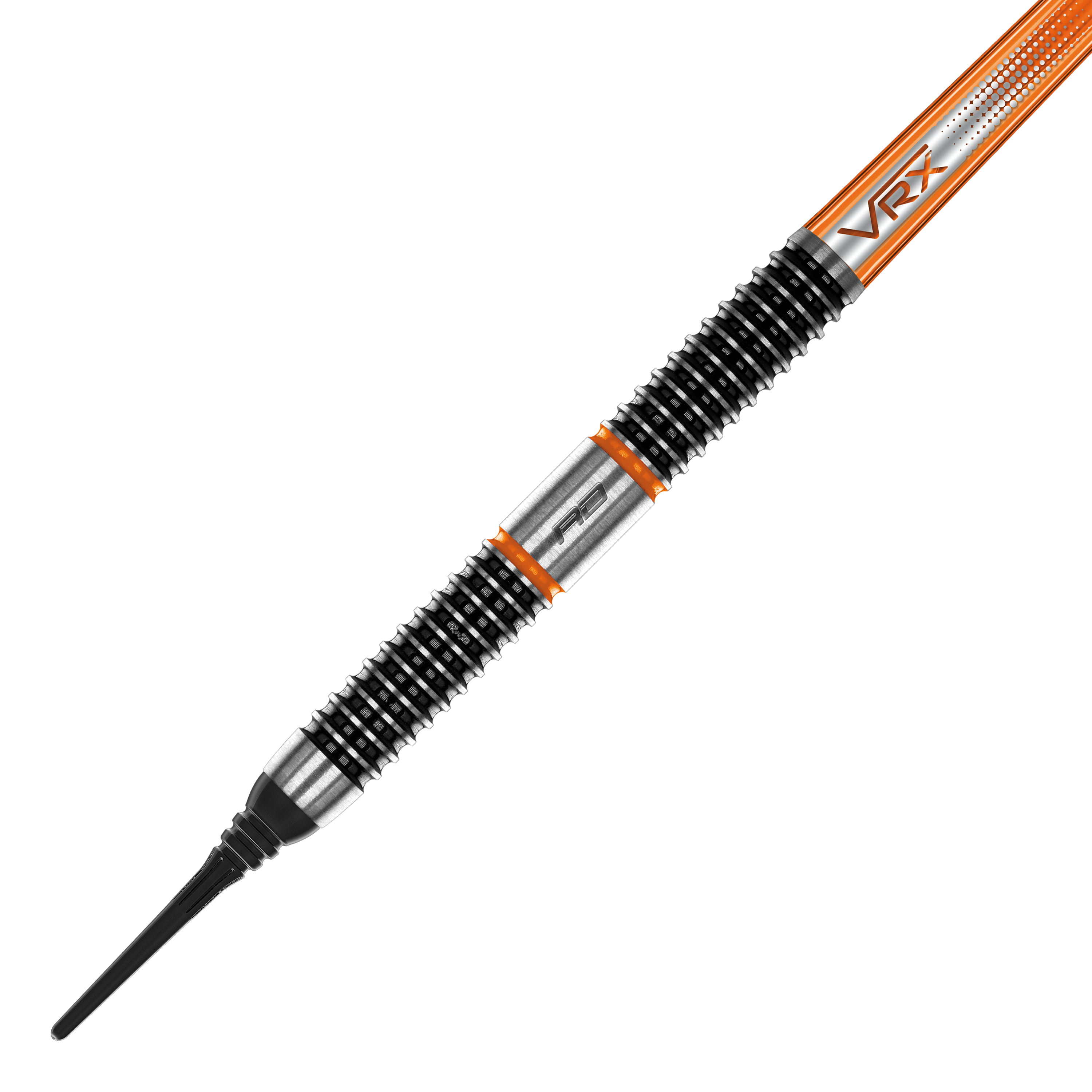 Red Dragon Amberjack 18 soft darts - 20g Das Bild zeigt einen Red Dragon Amberjack 18 Softdart mit einem Gewicht von 20 Gramm. Der Dartpfeil hat ein markantes Design mit schwarzen und silbernen Rillen sowie orangen Akzenten.