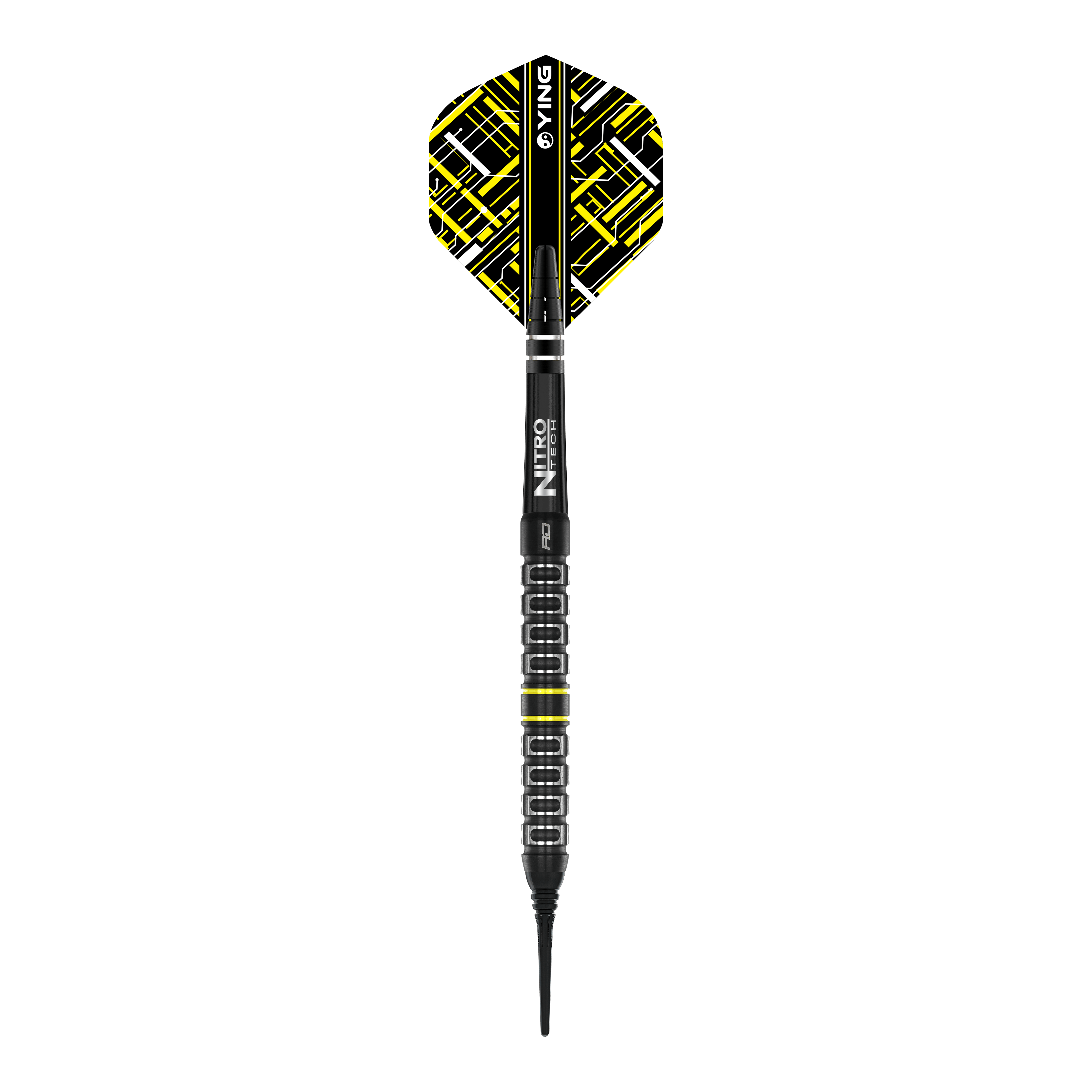 Red Dragon Astraeus Q4X Parallel Softdarts - 20g Das Bild zeigt einen Red Dragon Astraeus Q4X Parallel Softdart mit einem Gewicht von 20g. Der Dart hat schwarze und gelbe Designelemente und eine strukturierte Griffzone.