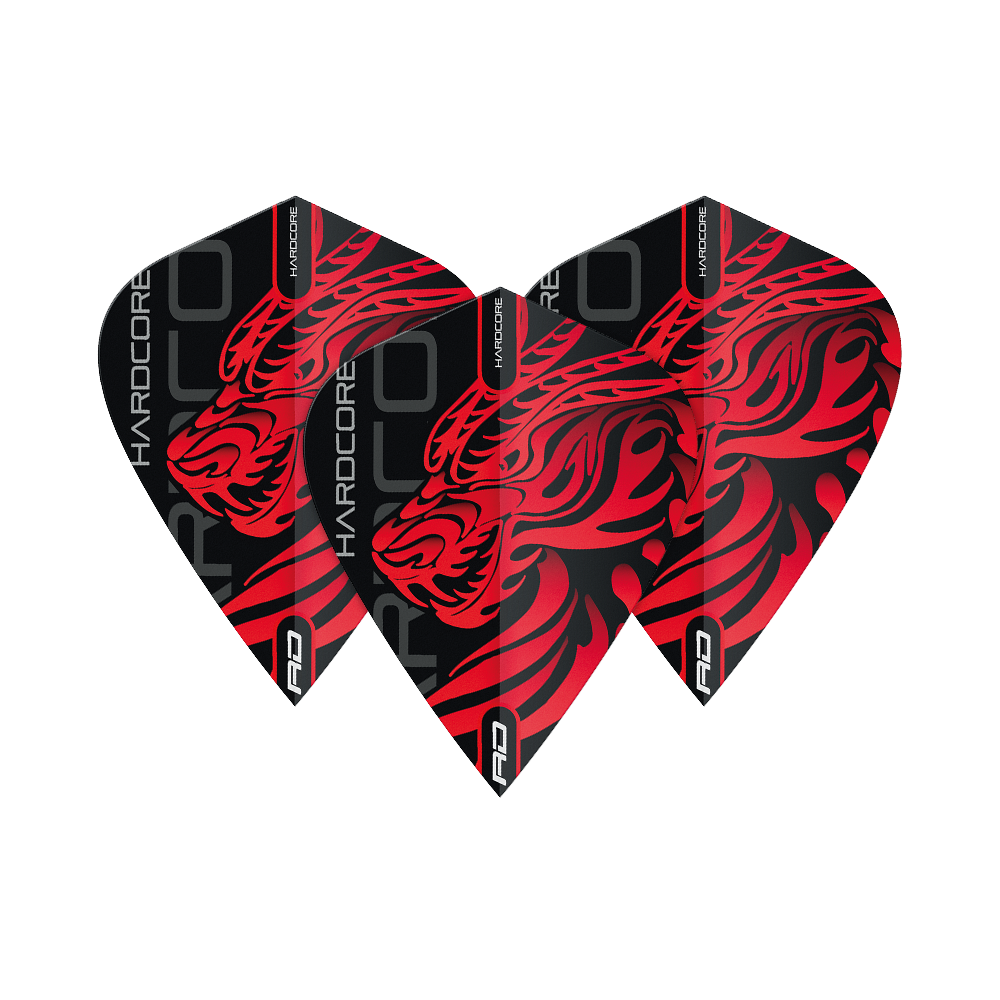 TF6500_Red_Dragon_Hardcore_Jonny_Clayton_Dragon_Kite_Flights_1zzsabP2KJocdD Das Bild zeigt drei Dart-Flights mit einem roten Drachenmuster auf schwarzem Hintergrund. Auf den Flights steht der Schriftzug "HARDCORE" und das "RD"-Logo ist am unteren Rand zu sehen.