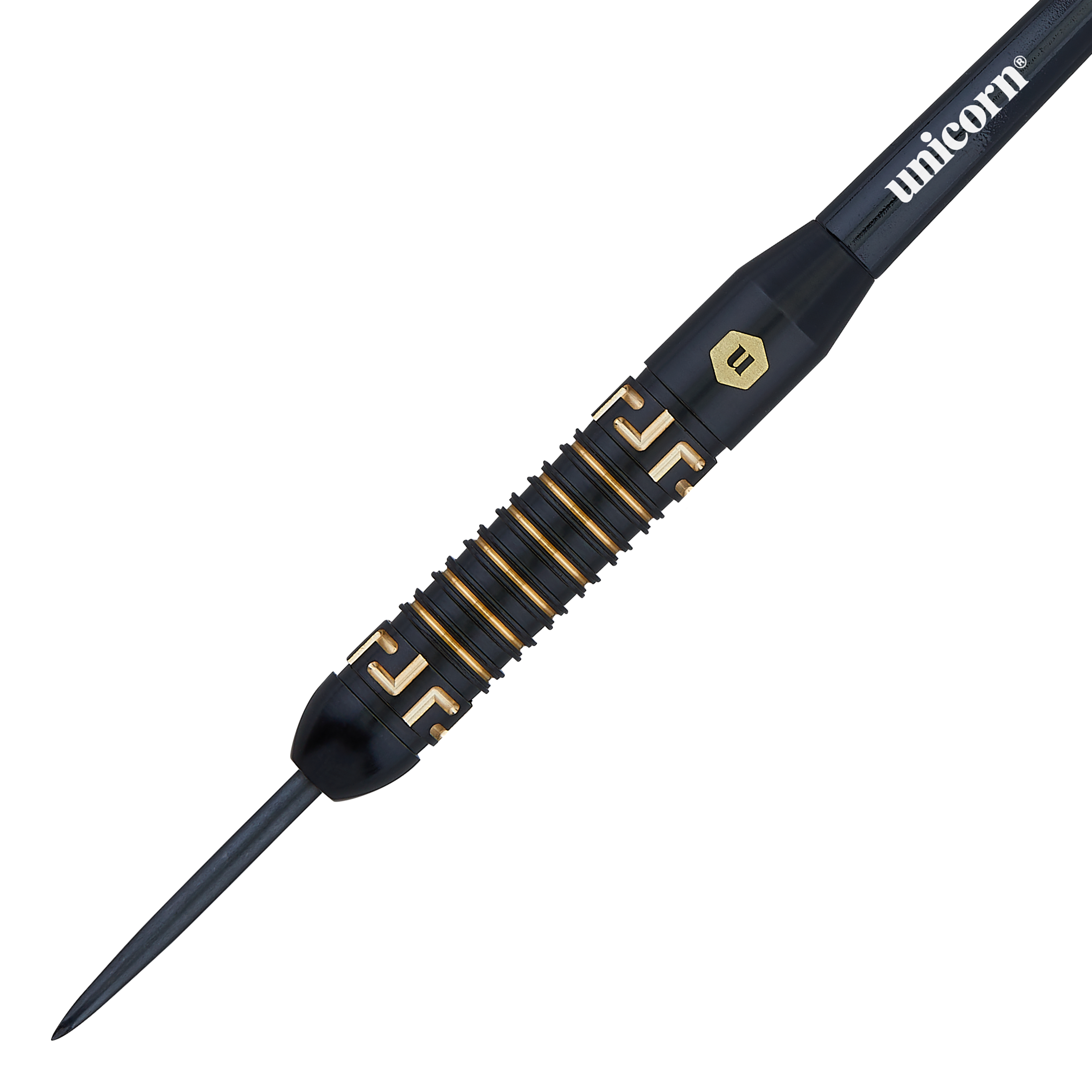Unicorn Top Brass V1 Steeldarts - 20g Das Bild zeigt einen Unicorn Top Brass V1 Steeldart mit einem Gewicht von 20 Gramm. Der Dart ist überwiegend schwarz mit goldenen Akzenten und besitzt ein geriffeltes Griffstück für besseren Halt.