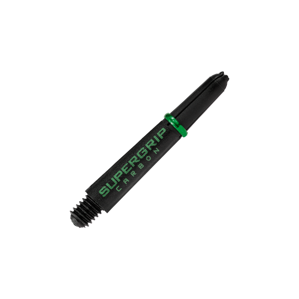 HR360_Harrows_Supergrip_Carbon_Shafts_Gr-n_33mm_2 Das Bild zeigt einen Harrows Supergrip Carbon Shaft in Grün. Der Schaft ist schwarz mit grüner Aufschrift und grünen Akzenten.