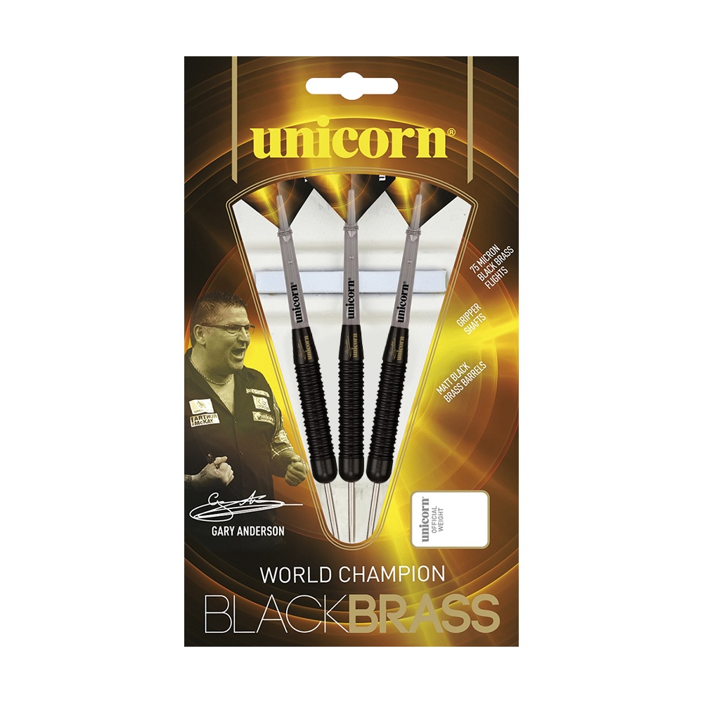 Auf dem Bild ist eine Verpackung der "Unicorn Black Brass Gary Anderson V1 Steeldarts" zu sehen. Die Packung zeigt drei schwarze Darts sowie ein Bild von Gary Anderson und hebt die Eigenschaften der Darts hervor.