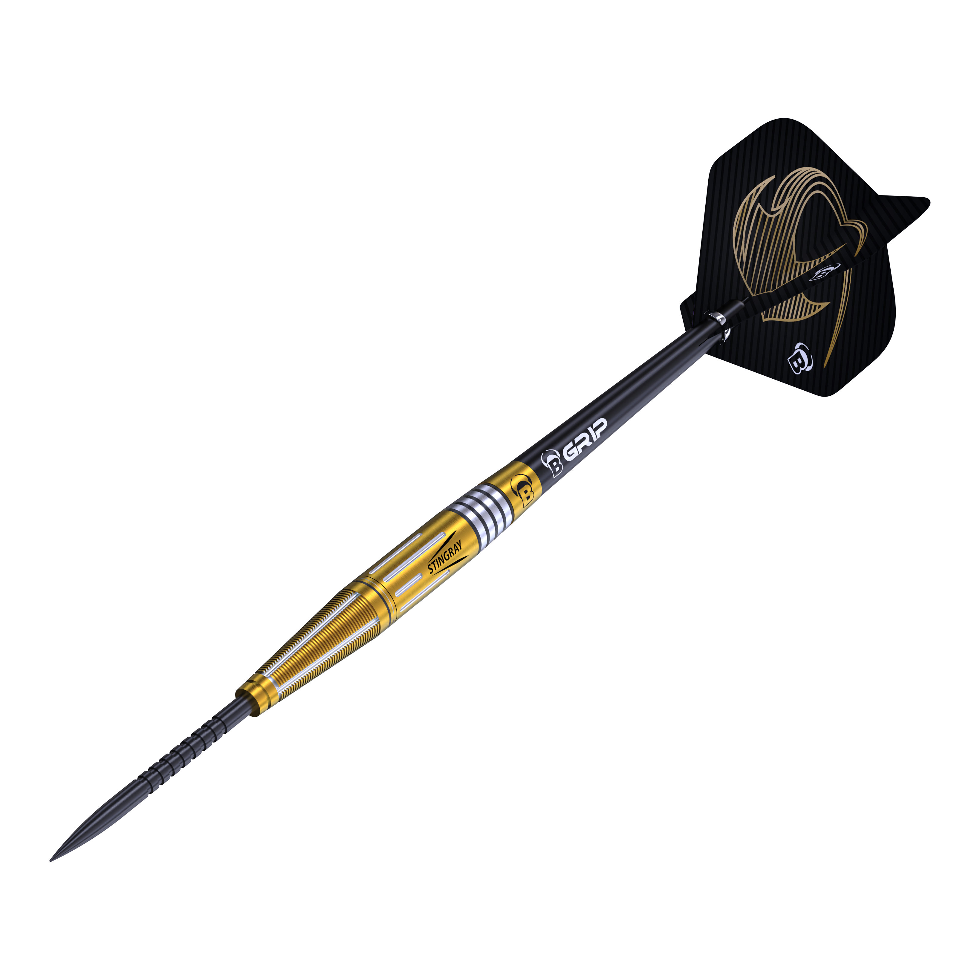 Bulls Stingray ST4 Steeldarts Das Bild zeigt einen Bulls Stingray ST4 Steeldart. Der Dart hat ein goldfarbenes Barrel und schwarze Flights mit einem auffälligen Design.