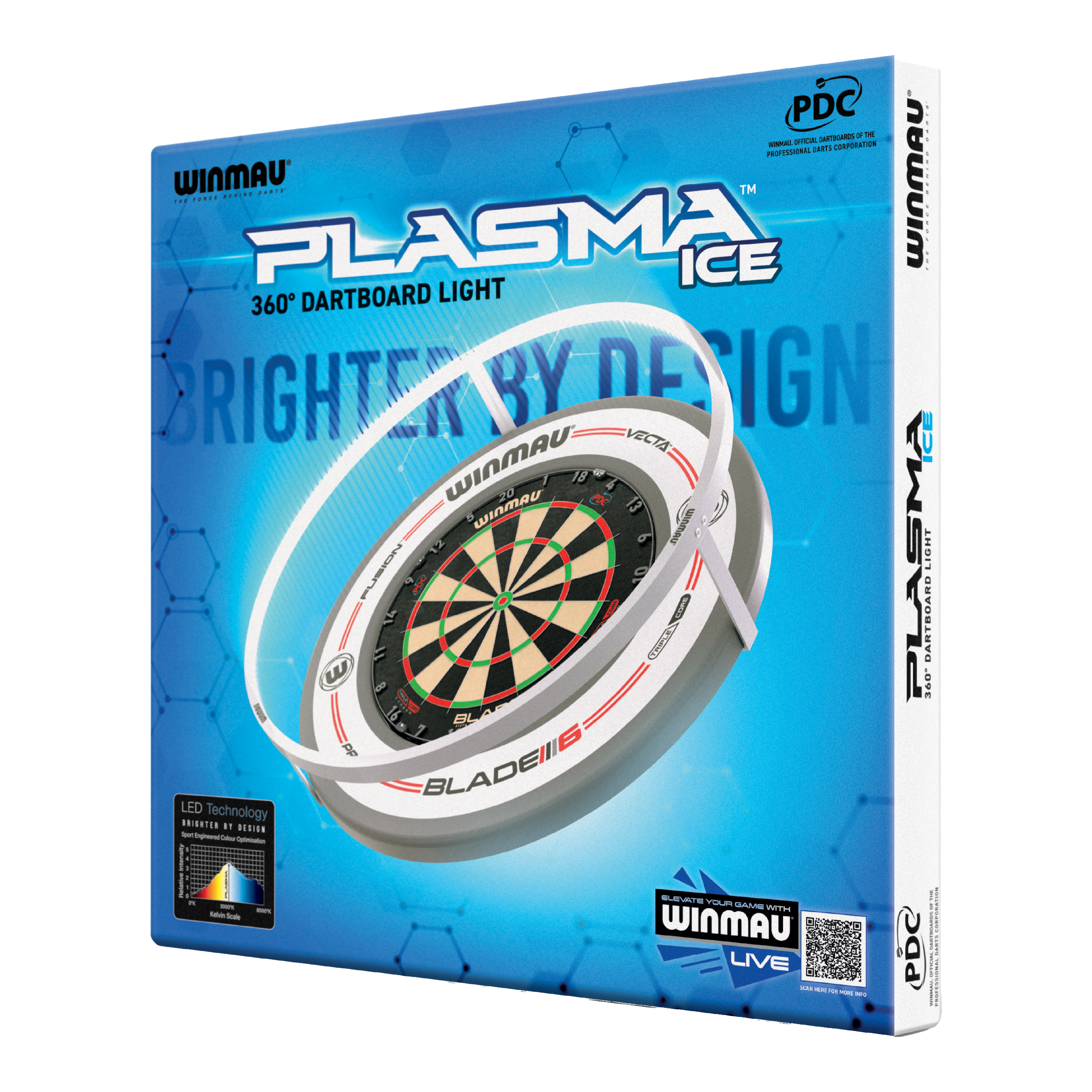 Winmau Plasma Ice LED Dartboard Light Die Abbildung zeigt die Verpackung des "Winmau Plasma Ice LED Dartboard Light". Das Produkt bietet eine 360° Beleuchtung für Dartboards.