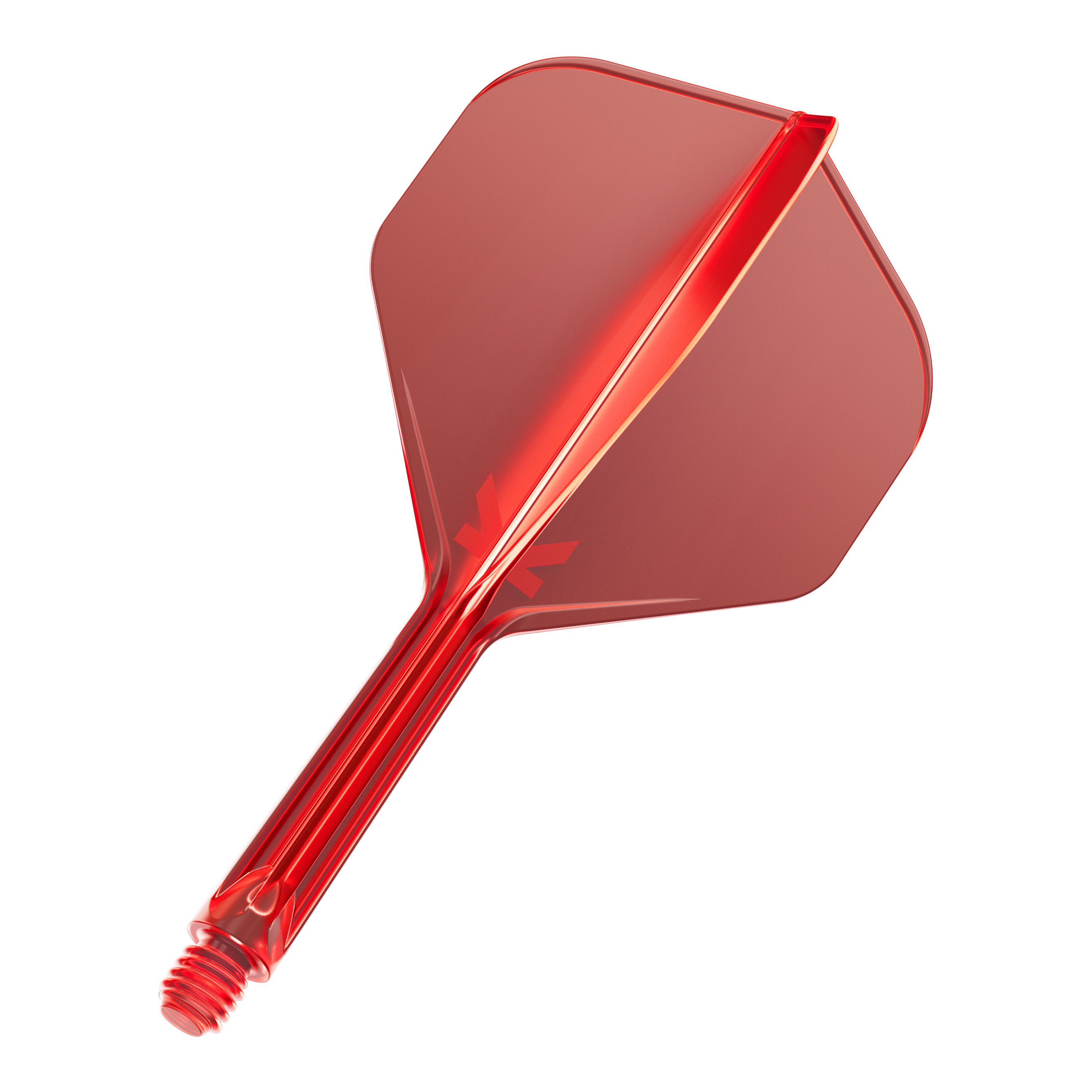 Dies ist ein rotes Dartflight mit einem integrierten Schaft. Das Material sieht durchsichtig und stabil aus.