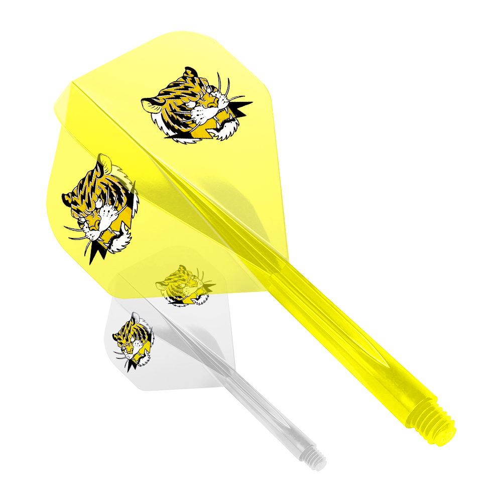 Das Bild zeigt zwei Dart-Flights des Modells "Condor AXE Inazuma Tiger Mix Flight-System" in Gelb und Transparent. Beide Flights sind mit einem Tigerkopf-Motiv bedruckt.