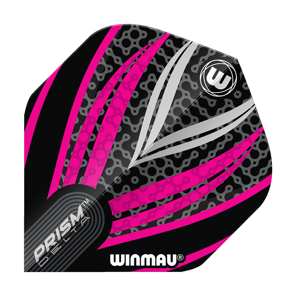 Winmau Prism Delta Black White Pink No. 2 Standard Flights Das Bild zeigt ein Winmau Prism Delta Dart Flight in den Farben Schwarz, Weiß und Pink. Das Flight hat ein modernes Muster mit Linien und dem Winmau-Logo darauf.