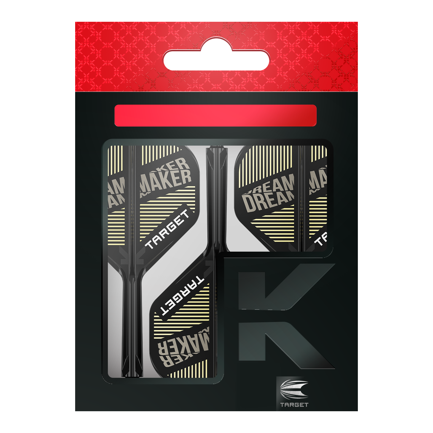 Target K-Flex Dimitri Van Den Bergh No2 Standard Flight Shaft System Das Bild zeigt eine Verpackung mit Dart-Flights und Schäften der Marke Target. Auf den Flights steht der Text "DREAM MAKER".