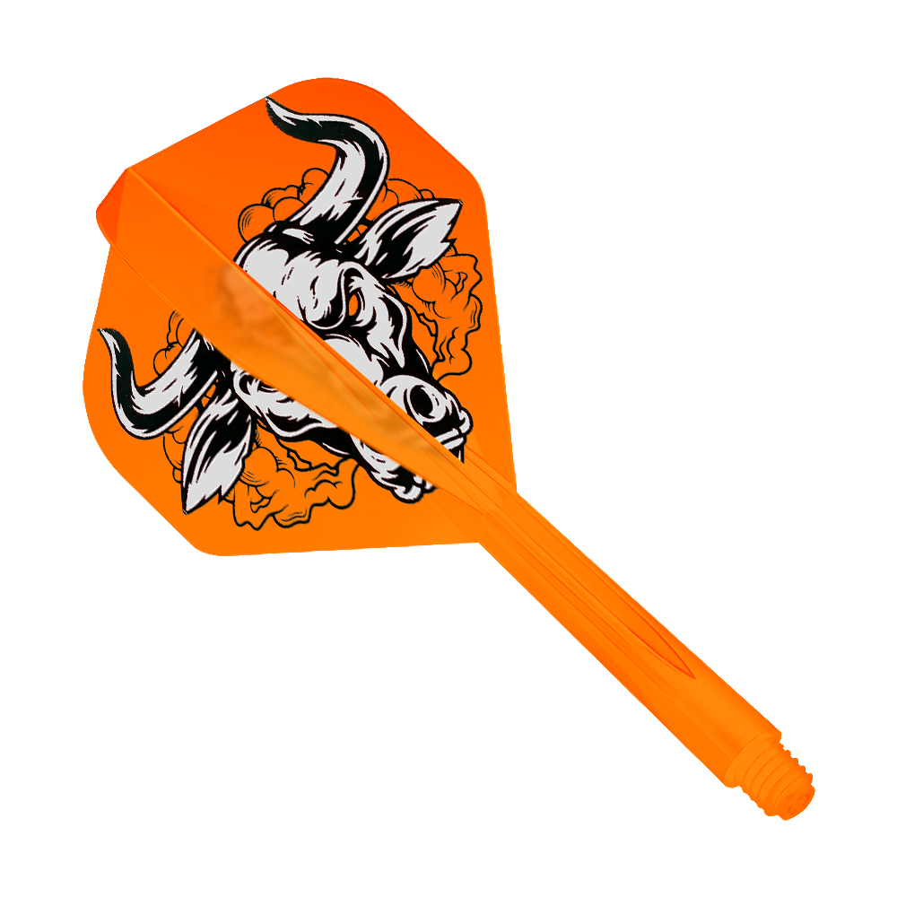 Condor Ax Aussie Bull Orange Flight System Standard Auf dem Bild ist ein orangefarbenes Dartflight-System mit einem auffälligen Bullen-Design zu sehen. Das Produkt heißt "Condor Axe Aussie Bull Orange Flight-System Standard".