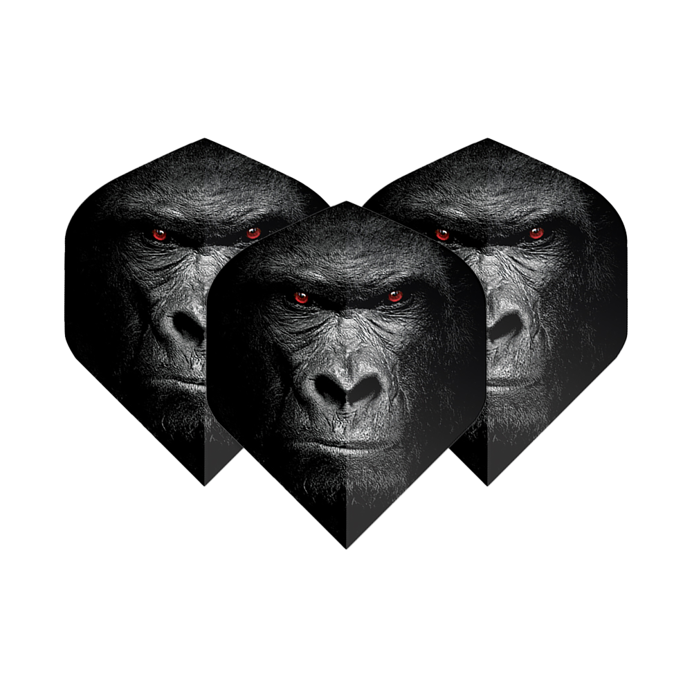 Pentathlon Flights Gorilla Das Bild zeigt drei Dart-Flights mit dem Gesicht eines Gorillas und leuchtend roten Augen. Die Flights sind das Produkt "Pentathlon Gorilla No2 Standard Flights".