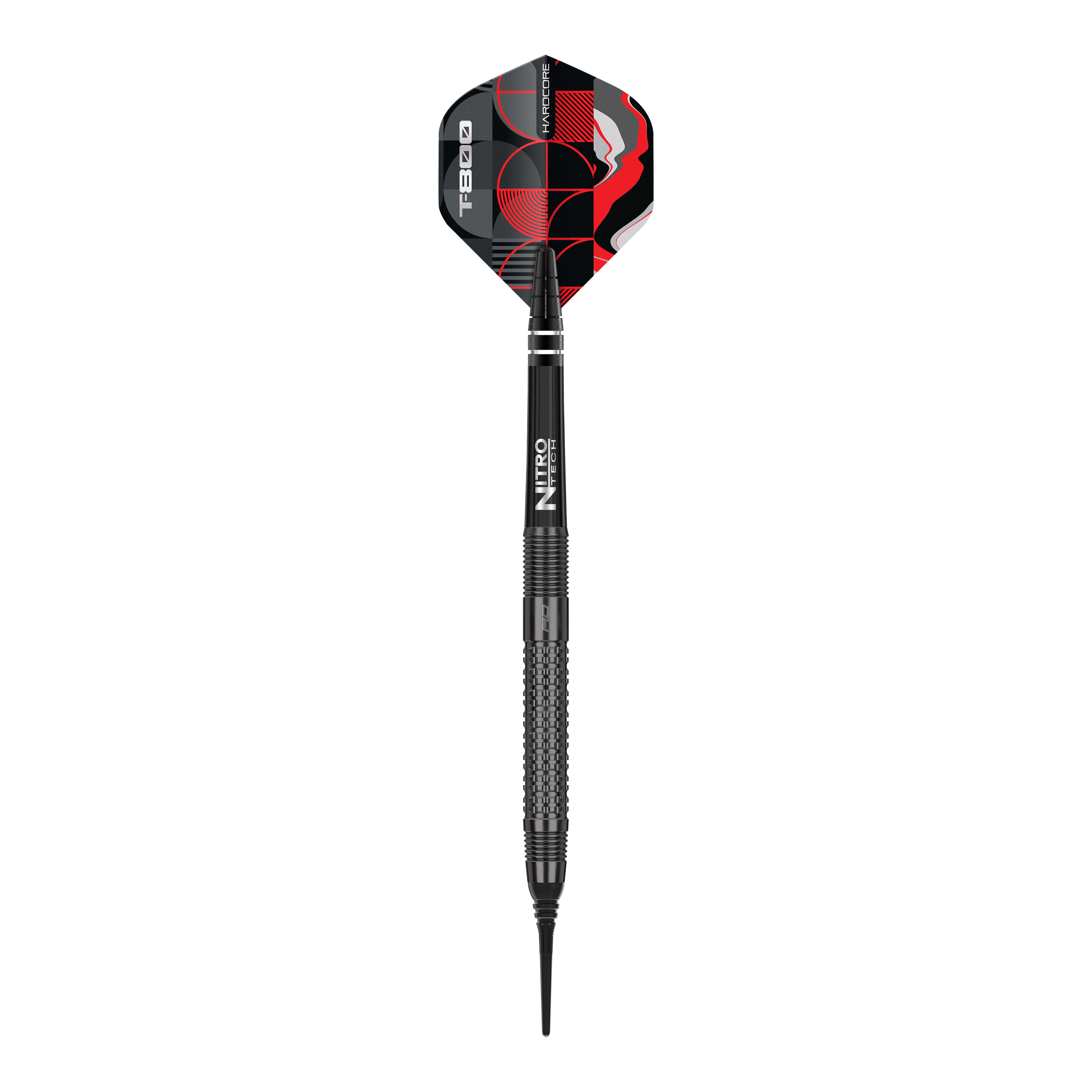 Red Dragon T-800 soft darts - 20g Das Bild zeigt einen Red Dragon T-800 Softdart mit einem Gewicht von 20g. Der Dart ist schwarz mit roten und weißen Designelementen auf dem Flight.