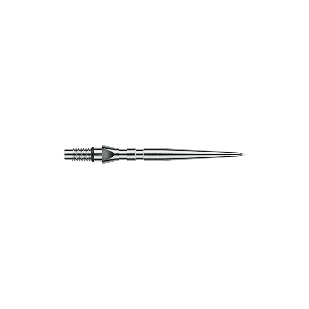 Winmau Switch Point Groove steel dart tips - Silver Effect Das Bild zeigt silberfarbene Steeldartspitzen mit Rillen, vermutlich 'Switch Point Groove Silver Effect' und 26mm lang. Die Spitzen sind für Steeldarts vorgesehen.