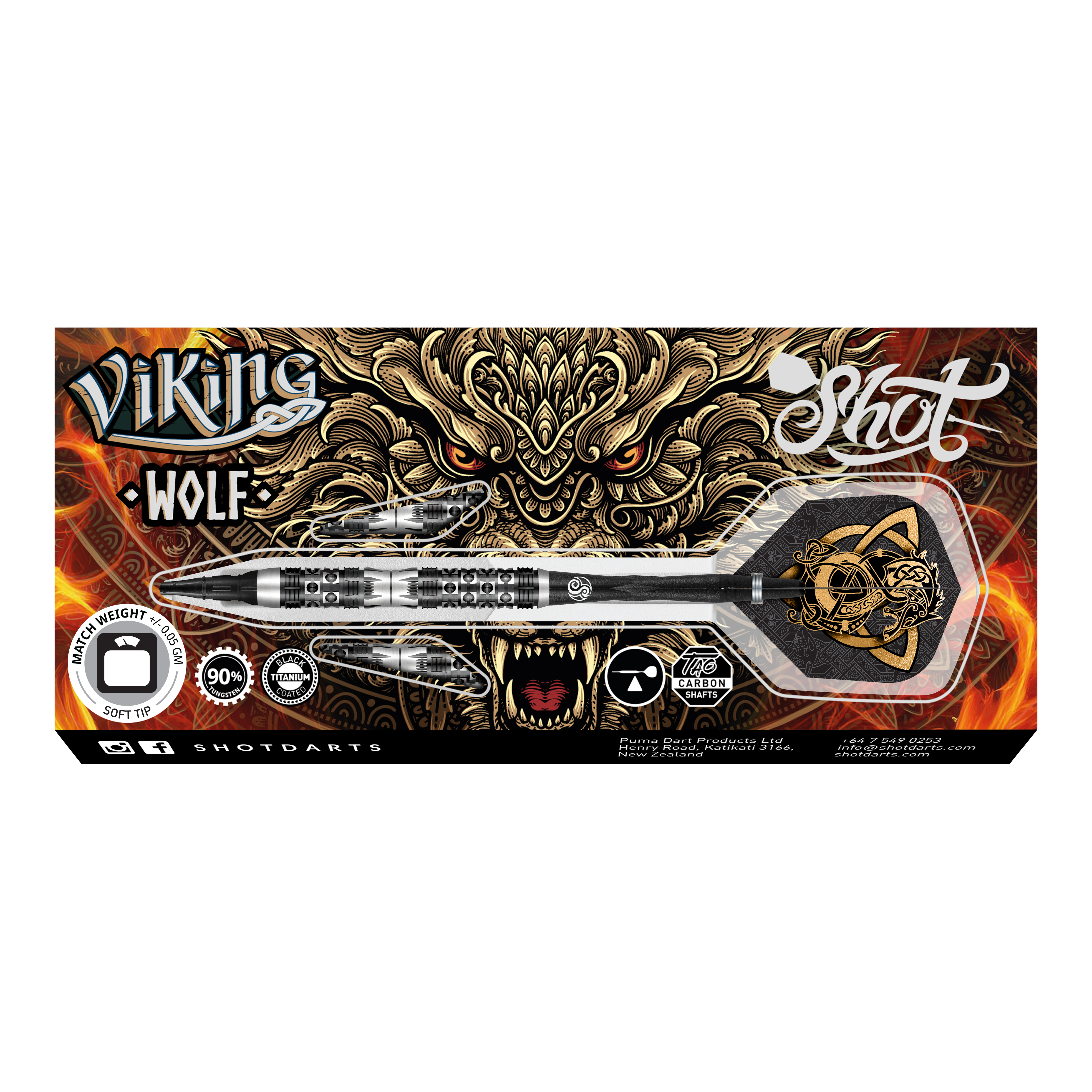 Shot Viking Wolf soft darts - 20g Das Bild zeigt das Produkt "Shot Viking Wolf Softdarts - 20g" mit einem dekorativen Wolfdesign im Hintergrund. Die Verpackung hebt die Merkmale des Softdarts hervor, darunter das Gewicht von 20 Gramm und die hochwertige Verarbeitung.