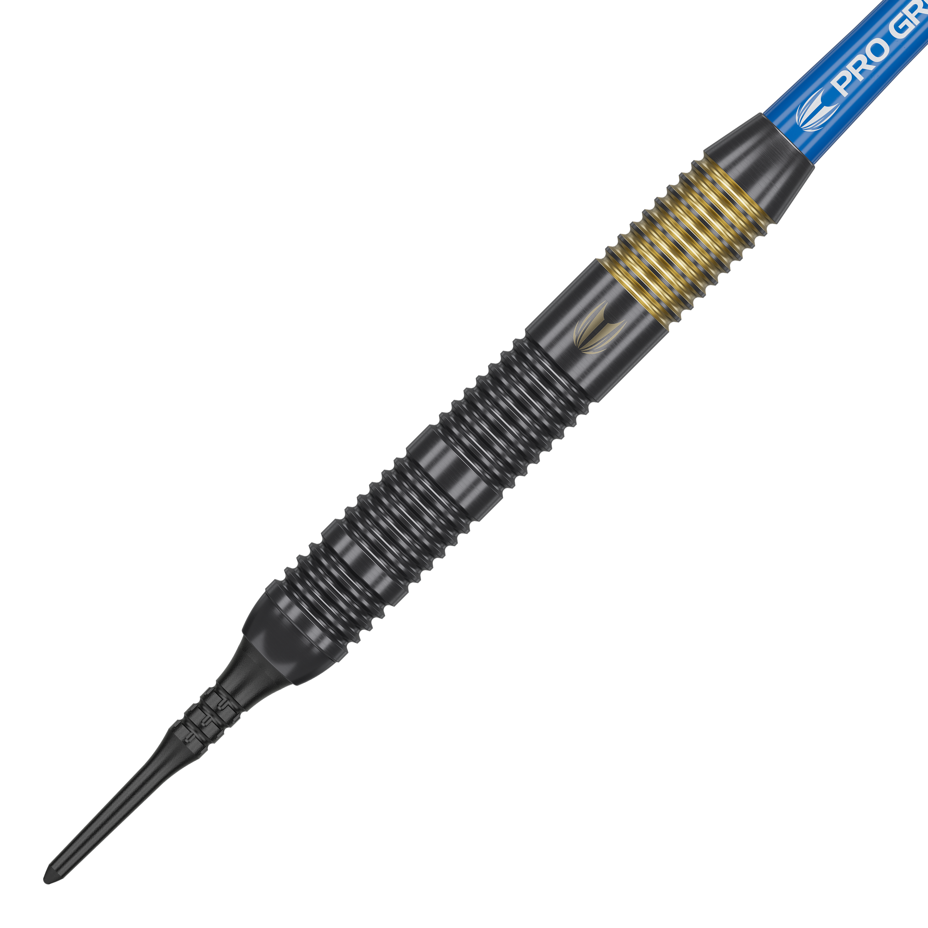 Target Josh Rock Brass Soft Darts - 18g Das Bild zeigt einen Target Josh Rock Brass Softdart mit einem Gewicht von 18 Gramm. Der Dart hat einen schwarz-goldenen, gerillten Griff und eine blaue Flight-Halterung.