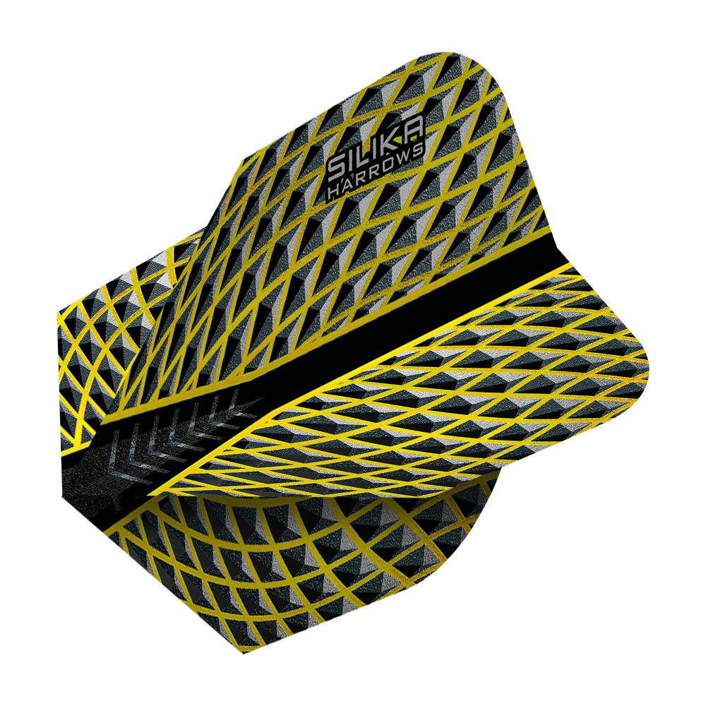 HR86_Harrows_Silika_Yellow_No6_Flights_2 Das Bild zeigt das Produkt „Harrows Silika Yellow No6 Flights“. Die Dart-Flights haben ein gelb-schwarzes Muster mit silbernen Akzenten und dem Aufdruck „Silika Harrows“.