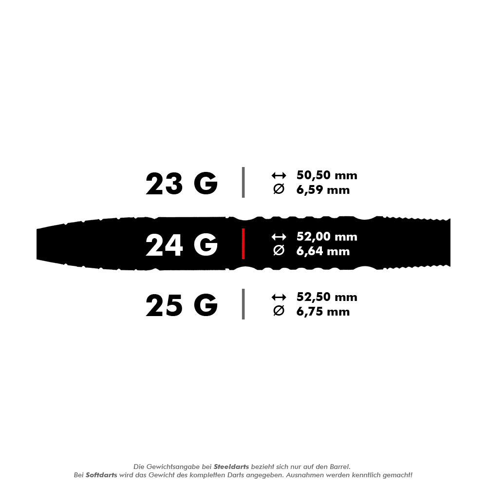 Das Bild zeigt drei verschiedene Steeldarts mit den Gewichten 23 g, 24 g und 25 g sowie deren jeweilige Maße. Die Maße für Länge und Durchmesser sind für jedes Gewicht angegeben.