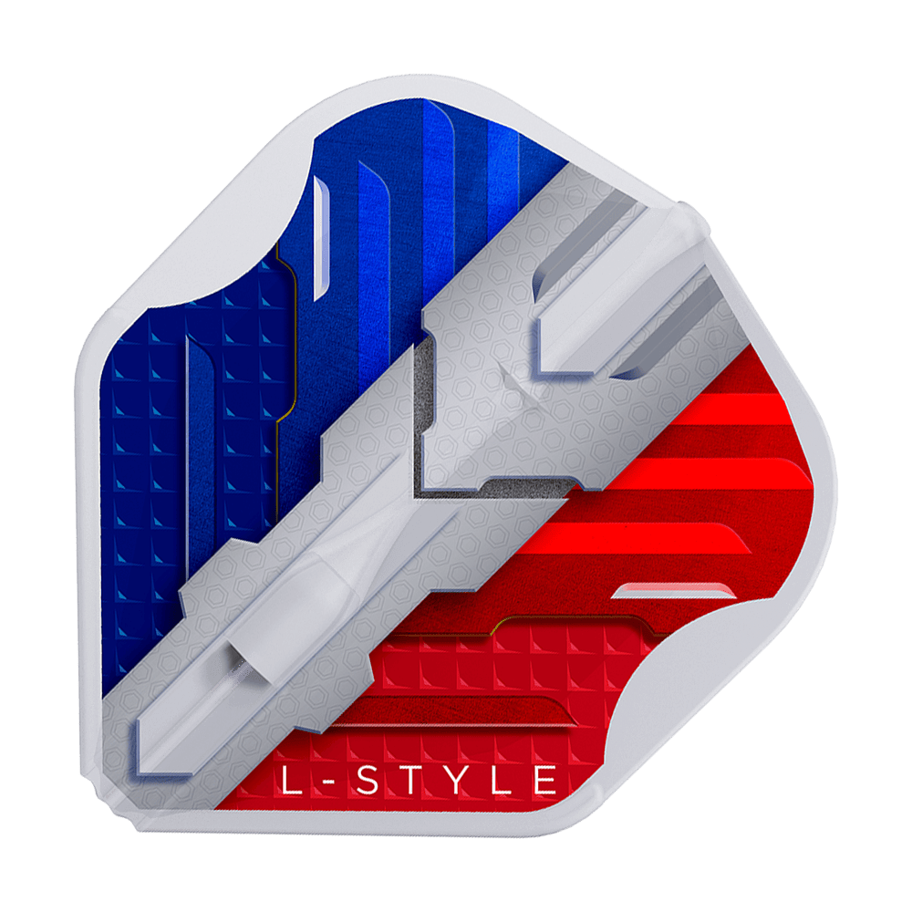 Das Bild zeigt ein Dartflight mit den Farben der französischen Flagge in Blau, Weiß und Rot. Unten steht der Schriftzug "L-STYLE".