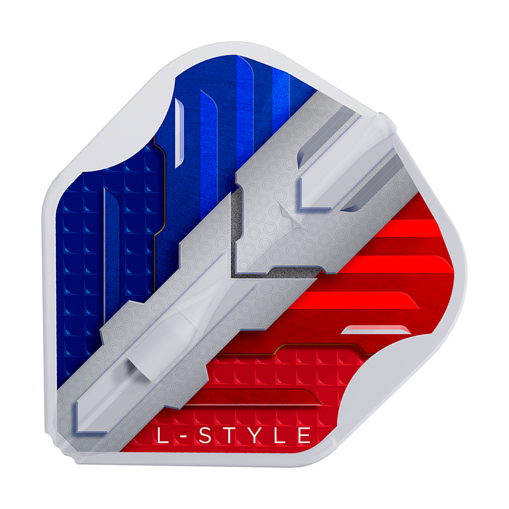 L-Style V-Series V1 Type B France Clear White L1EZ Flights Das Bild zeigt ein Dartflight mit den Farben der französischen Flagge in Blau, Weiß und Rot. Unten steht der Schriftzug "L-STYLE".