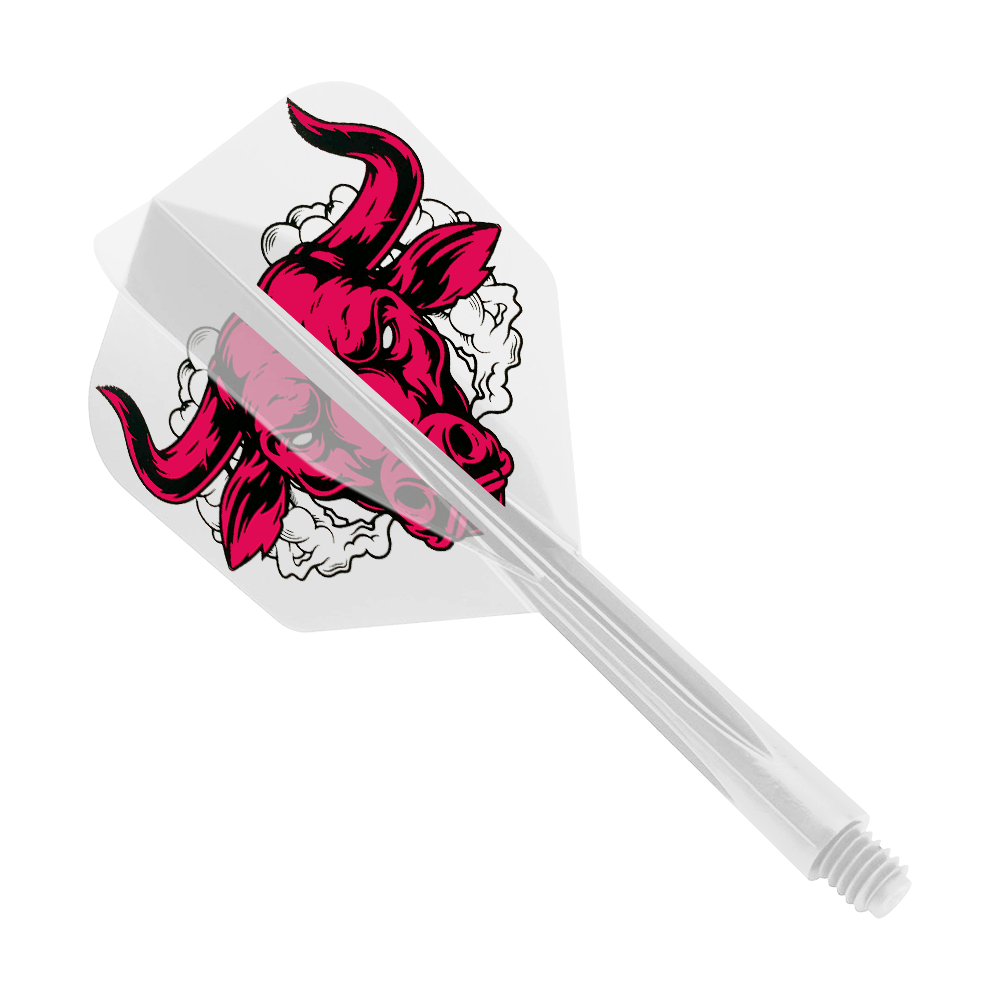 Condor Ax Aussie Bull Clear Flight System Small Das Bild zeigt einen klaren Dart-Flight mit einem roten Stierkopf-Design. Es handelt sich um das Produkt „Condor Axe Aussie Bull Clear Flight-System Small“.