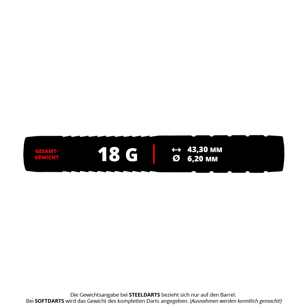 Auf dem Bild sind McDart Ringed Shark Softdart Barrels mit einem Gewicht von 18g zu sehen. Sie sind Dartbarrels mit einem Ringdesign für Softdarts.