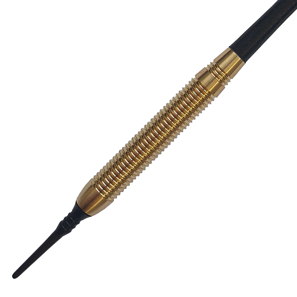 8010_Grey_One_Golden_Softdarts_2 Das Bild zeigt einen Softdartpfeil mit einem goldfarbenen, geriffelten Barrel. Es handelt sich um das Produkt "Grey One Golden Softdarts - 18g".
