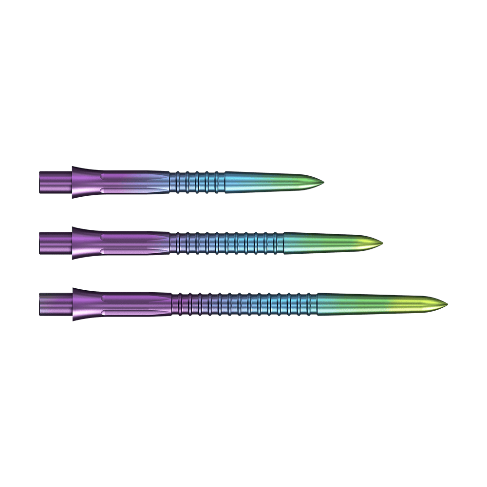 Hier sind die Mission Caliburn EVO Dartspitzen GV1 in Rainbow-Farben abgebildet. Sie bieten ein auffälliges Design für Dartspieler.