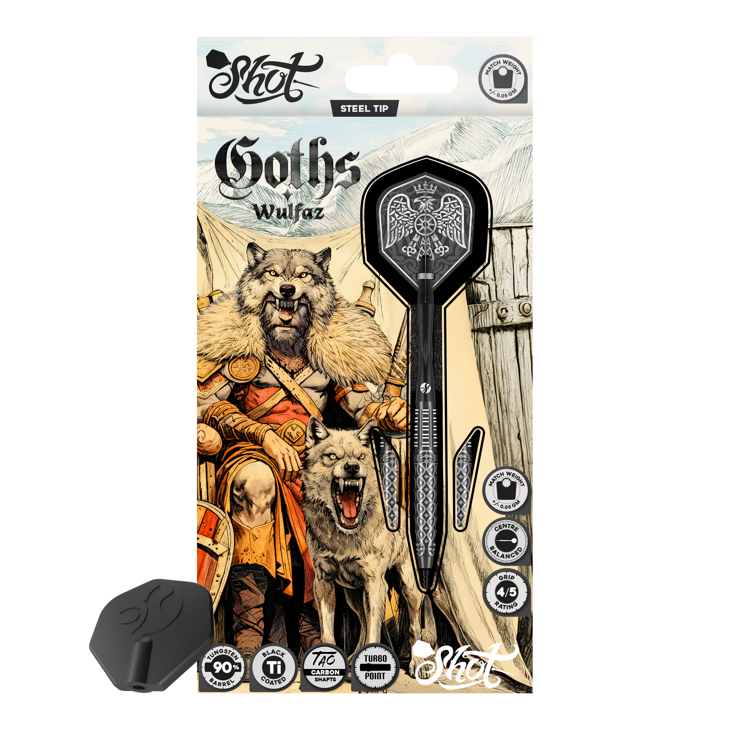Shot Goths Wulfaz Turbo Point Steel Darts - 23g Das Bild zeigt die Shot Goths Wulfaz Turbo Point Steeldarts mit 23 Gramm. Diese Pfeile sind für das Steeldartspiel konzipiert.