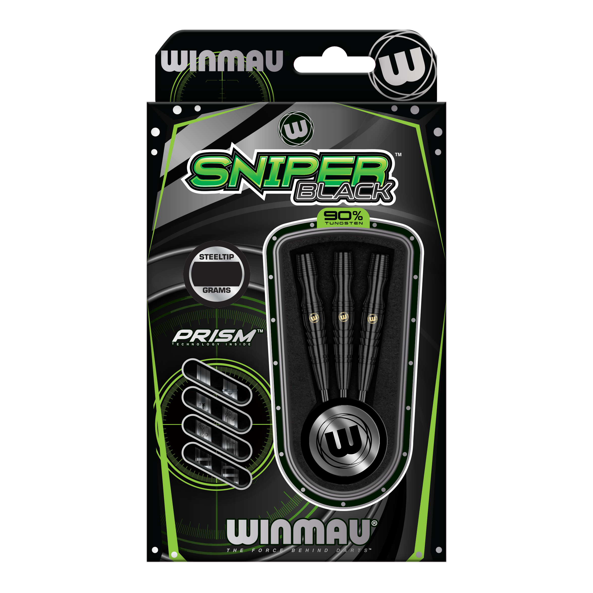 Winmau Sniper Black steel darts Das Bild zeigt eine Verpackung der "Winmau Sniper Black Steeldarts". In der Packung sind drei schwarze Steeldarts mit 90% Tungsten-Anteil zu sehen.