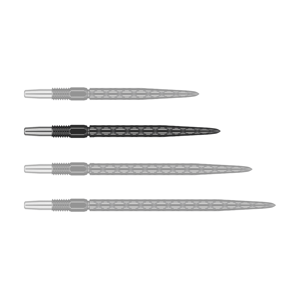 Target Swiss Diamond Pro Black Points dart tips Das Bild zeigt vier schwarze Dartspitzen mit silbernem Gewinde, die nebeneinander liegen. Die Spitzen haben eine rautenförmige Struktur entlang des Schafts.