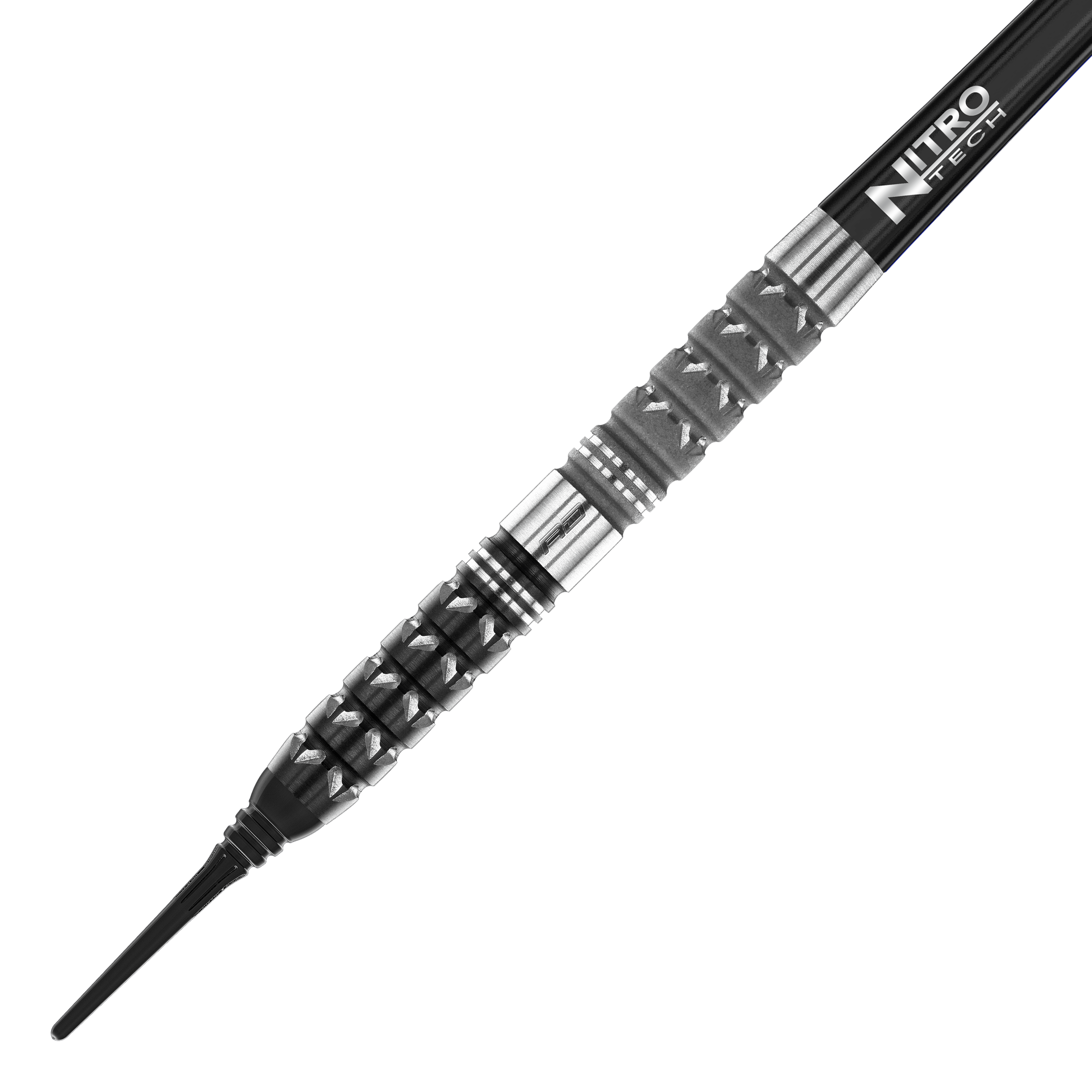 Red Dragon Paradym Tapered Soft Darts - 20g Das Bild zeigt den Red Dragon Paradym Tapered Softdart mit einem Gewicht von 20g. Der Dart hat ein markantes, silber-schwarzes Design mit spezieller Griffstruktur und der Aufschrift "Nitro Tech" am Schaft.