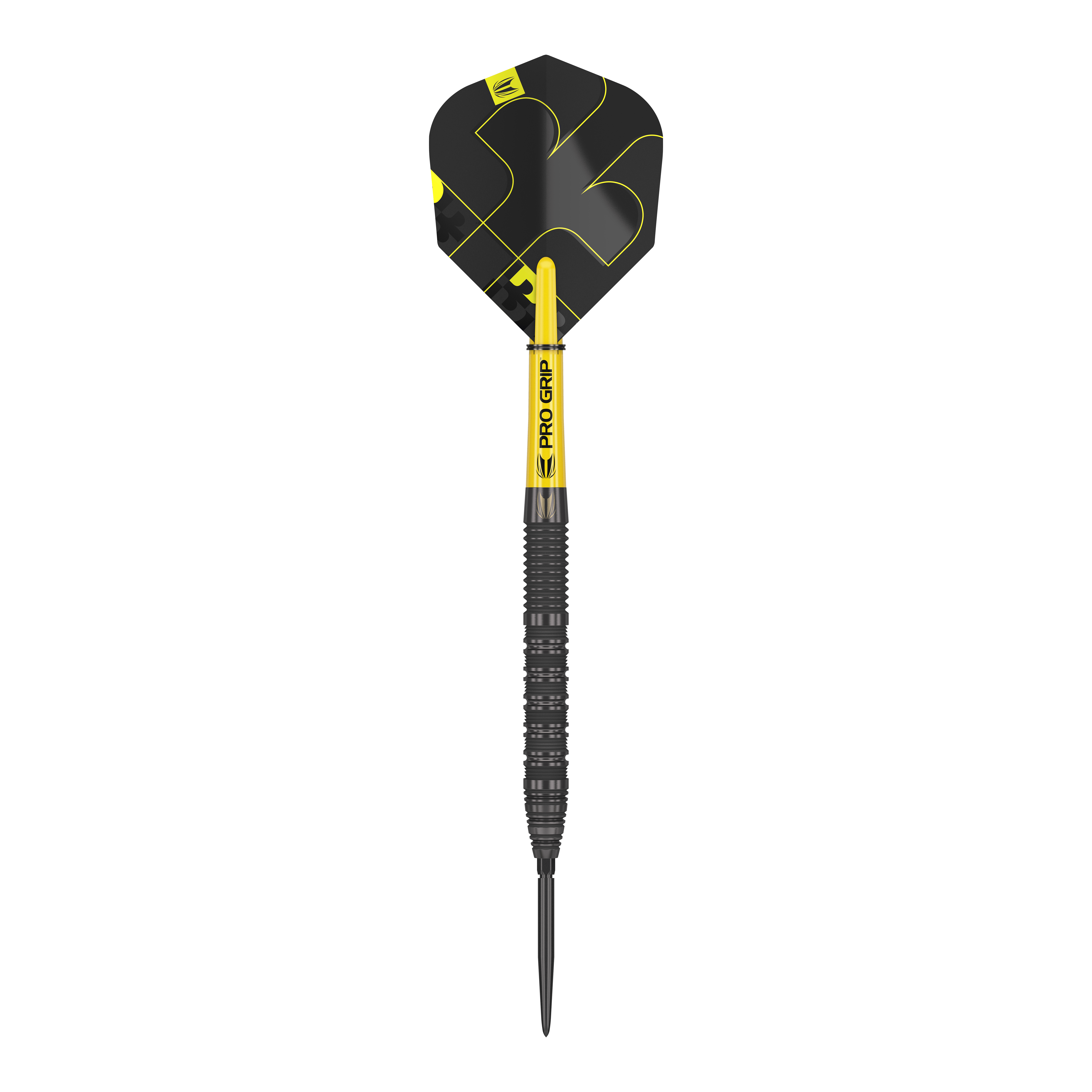 Target Bolide Void 01 Swiss Point Steeldarts Das Bild zeigt einen Target Bolide Void 01 Swiss Point Steeldart. Der Dartpfeil ist schwarz-gelb und hat eine strukturierte Griffzone.