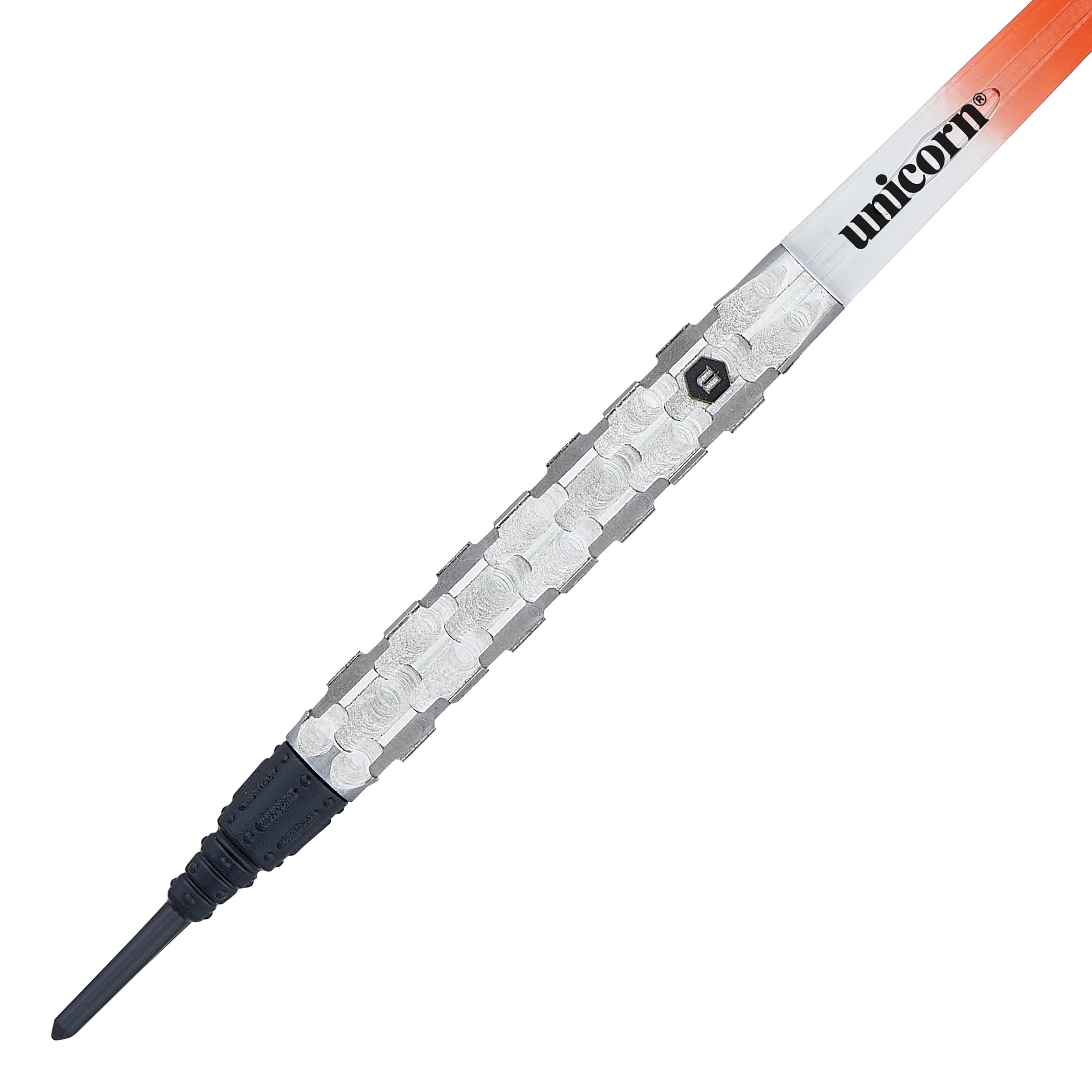 Unicorn Ballista Style 1 soft darts Das Bild zeigt einen Softdart namens "Unicorn Ballista Style 1". Der Dart hat einen silbernen, strukturierten Griff und eine schwarze Spitze.