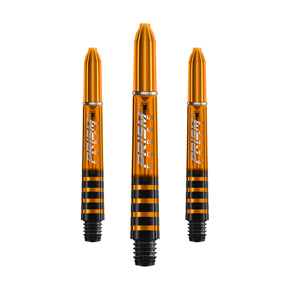 Das Bild zeigt drei orangefarbene Winmau Prism Force Shafts für Darts. Die Shafts haben schwarze Streifen und silberne Details.