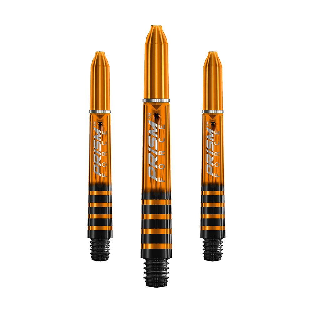 7020-107_Winmau_Prism_Force_Shafts_Orange_35mm_1henwruMlPcPLu Das Bild zeigt drei orangefarbene Winmau Prism Force Shafts für Darts. Die Shafts haben schwarze Streifen und silberne Details.
