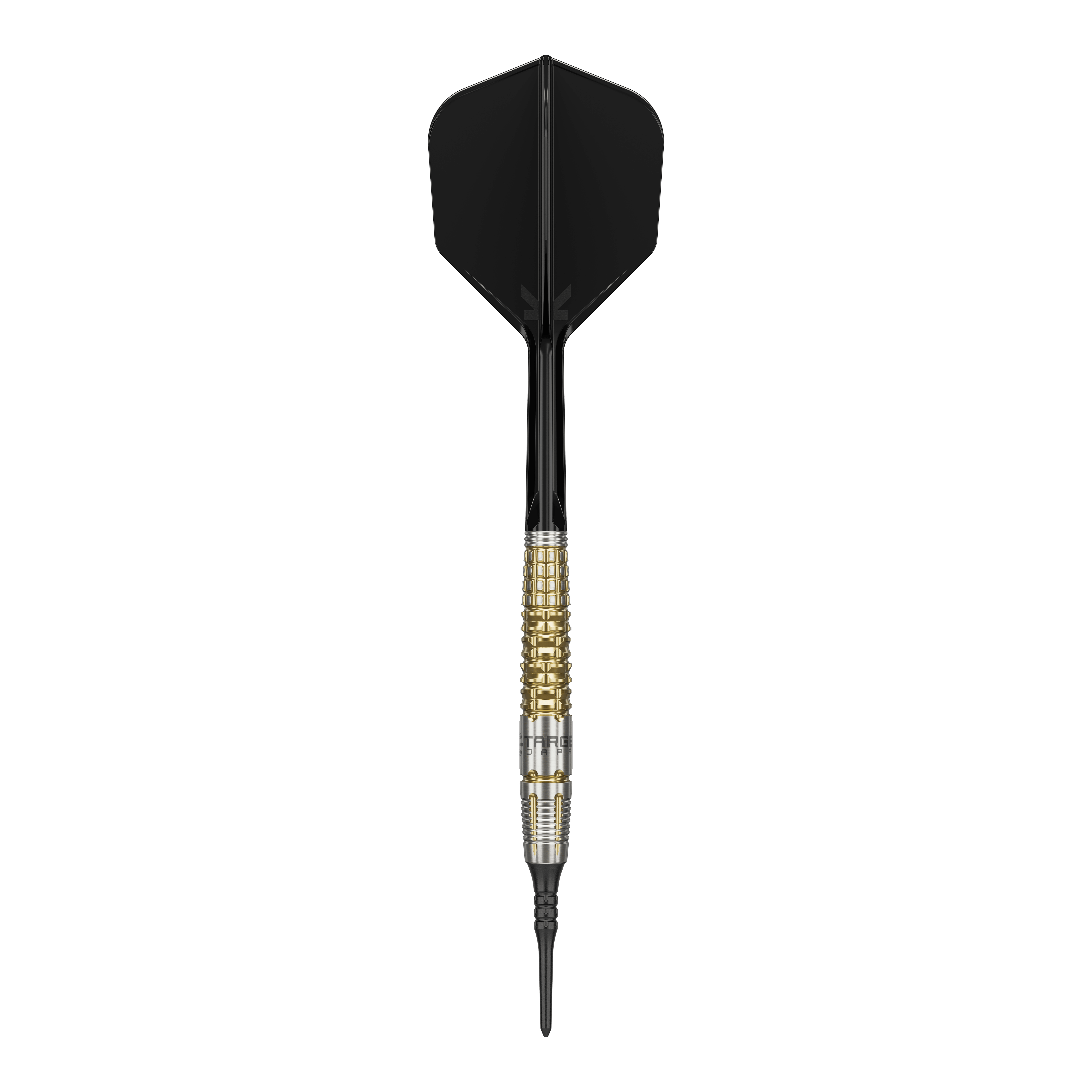 Target Japan Black Marque Warrior Soft Darts - 18.5g Das Bild zeigt einen Target Japan Black Marque Warrior Softdart mit einem Gewicht von 18,5g. Der Dart hat eine schwarze Spitze und Flügel sowie einen gold-silbernen Griffbereich.