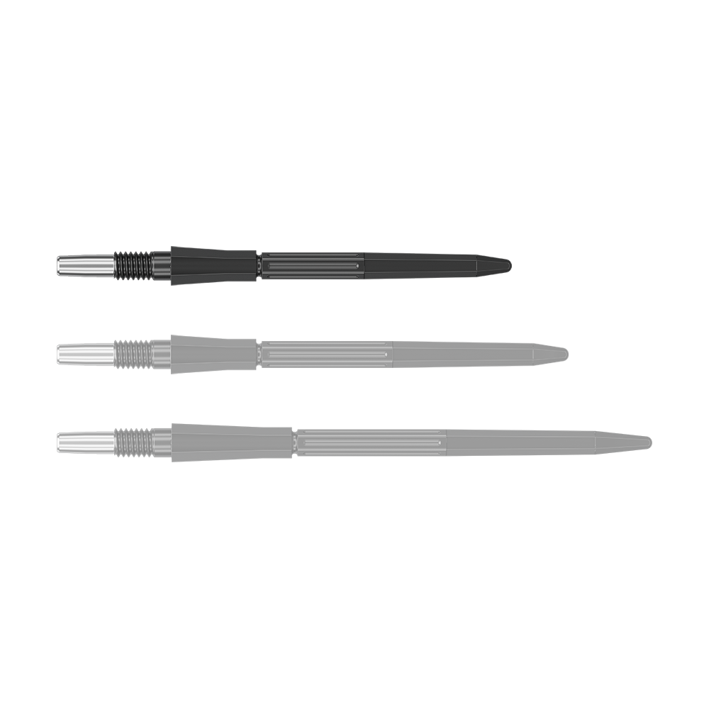 Das Bild zeigt eine einzelne schwarze Dartspitze der Target Elysian Archetype 43 SwissPoint Serie in 30 mm Länge. Die Spitze liegt einzeln auf neutralem Hintergrund.