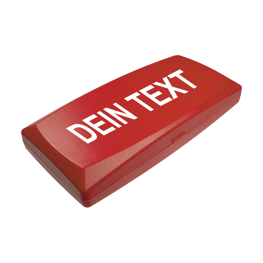 Auf dem Bild ist eine rote Kunststoffbox zu sehen. Auf der Box steht in weißen Buchstaben "DEIN TEXT".