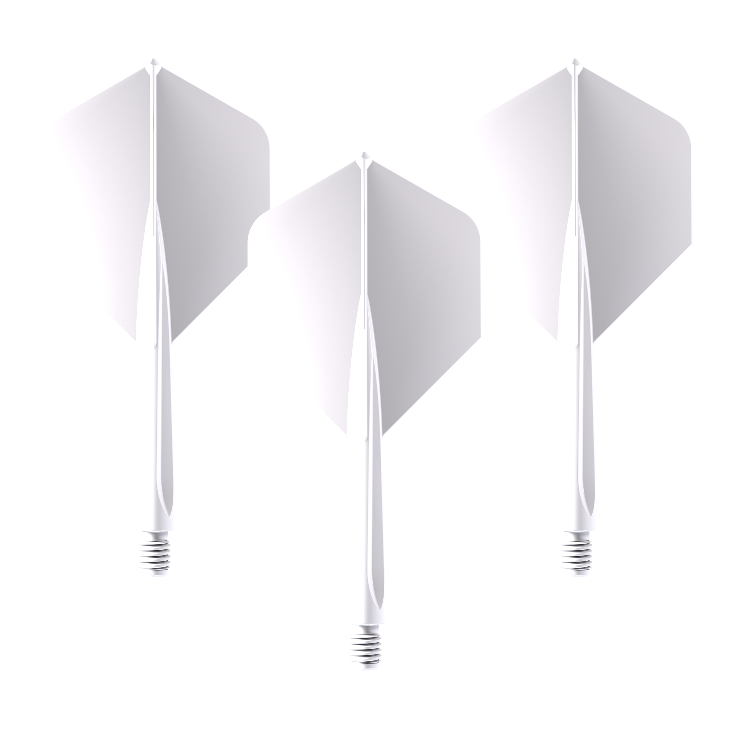 Das Bild zeigt drei weiße Dartflights mit integriertem Schaft. Es handelt sich um das Produkt "Unicorn Forge All In One Plus No2 Standard Flights Weiß - Medium".