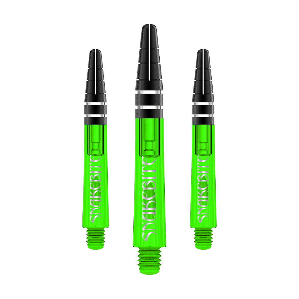 C644_Red_Dragon_Nitrotech_Peter_Wright_Green_Shafts_36mm_1 Das Bild zeigt drei grüne Dartschäfte der Marke Red Dragon Nitrotech Peter Wright. Auf den Schäften steht in weißer Schrift das Wort "Snakebite".