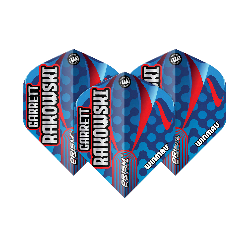 Winmau Prism Delta Garrett Rakowski Standard Flights Das Bild zeigt die Winmau Prism Delta Garrett Rakowski Standard Flights. Die Flights sind blau mit roten und hellblauen Akzenten sowie dem Namen "Garrett Rakowski" darauf.