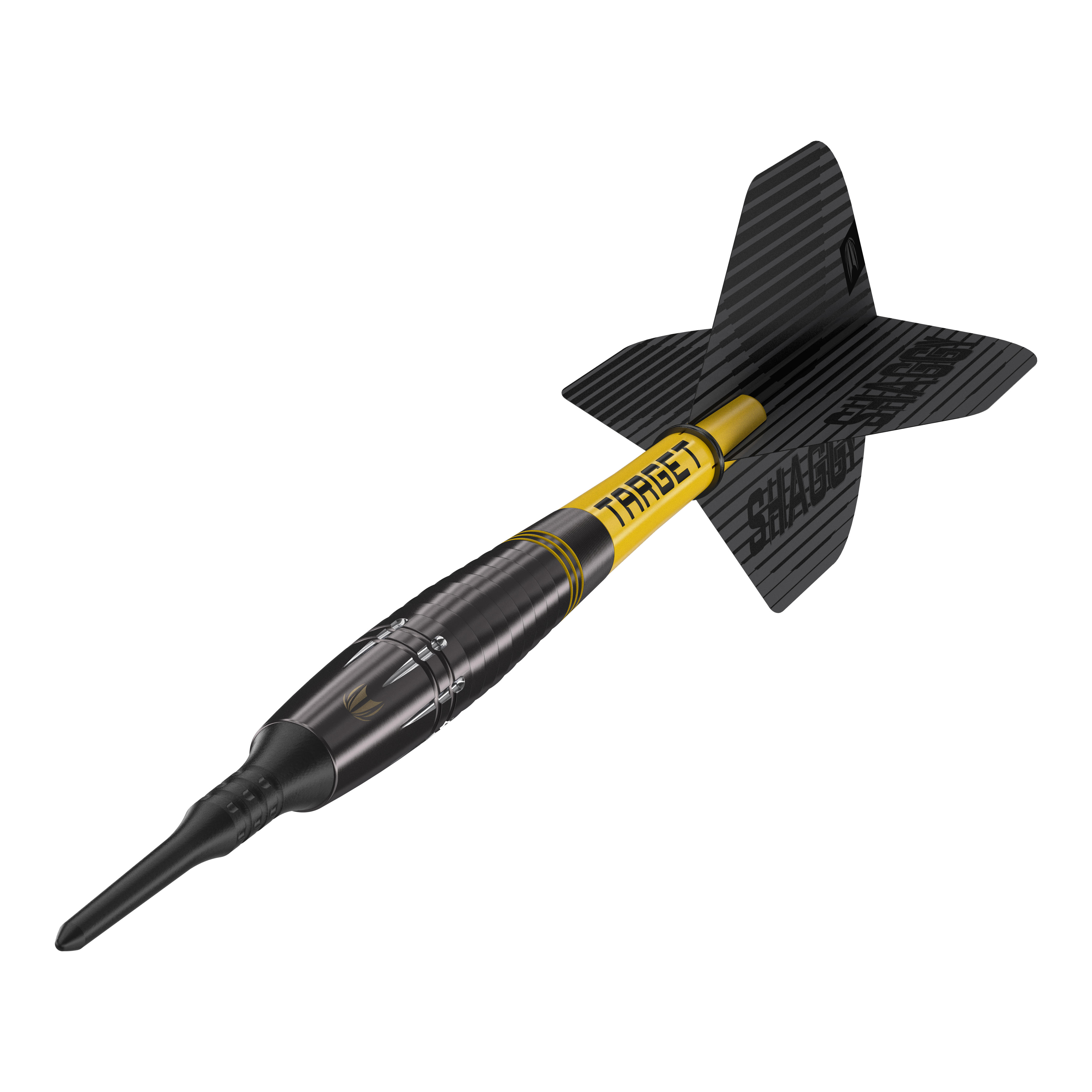 Target Scott Williams Shaggy Black Soft Darts - 20g Das Bild zeigt einen schwarzen Softdart mit gelbem Schriftzug „TARGET“ und der Aufschrift „SHAGGY“ auf der Flight. Es handelt sich um das Produkt „Target Scott Williams Shaggy Black Softdarts – 20g“.