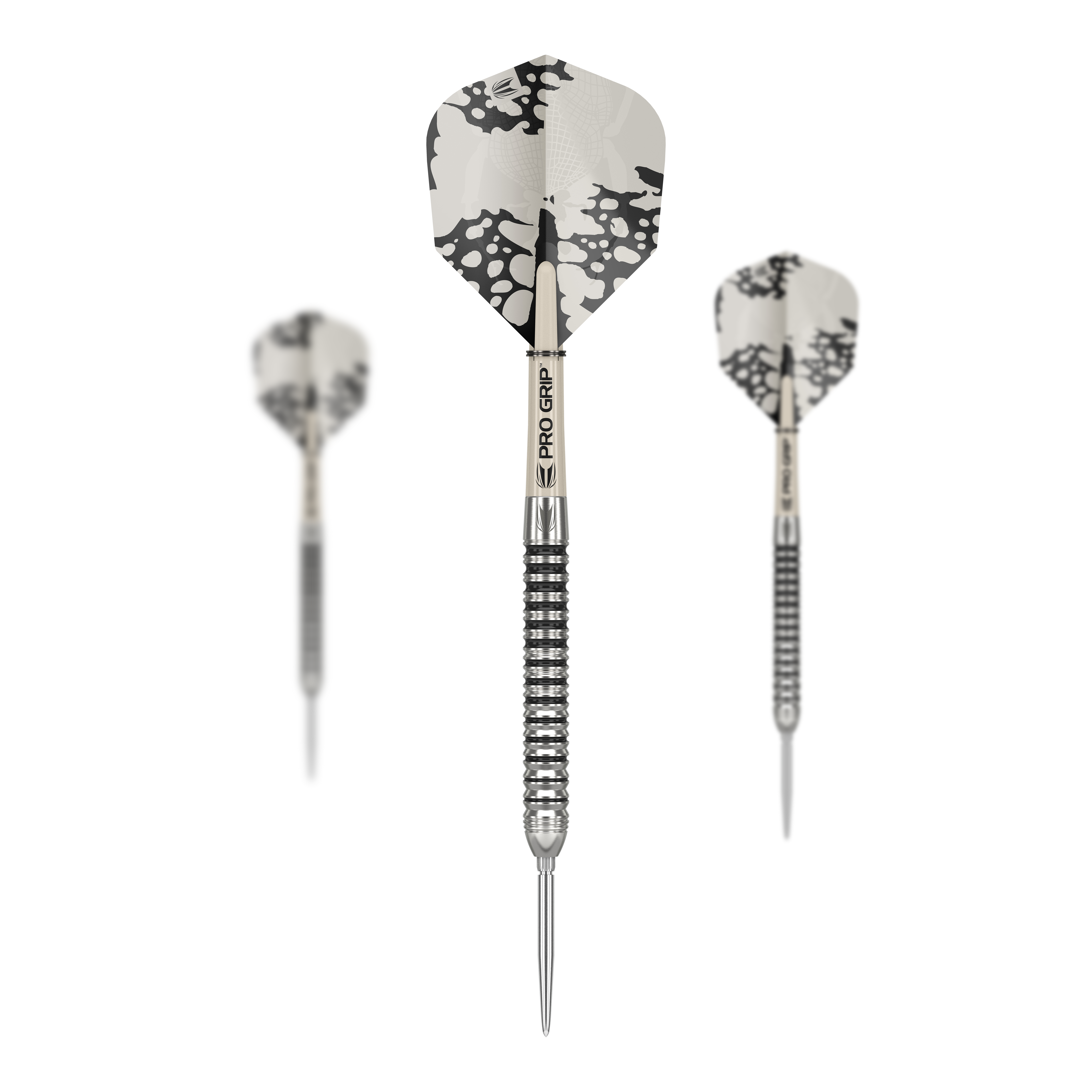 Target EXO SP01 Swiss Point steel darts Das Bild zeigt die Target EXO SP01 Swiss Point Steeldarts mit schwarz-silbernem Design. Drei Darts mit strukturierten Griffen und auffälligen Flights sind zu sehen.