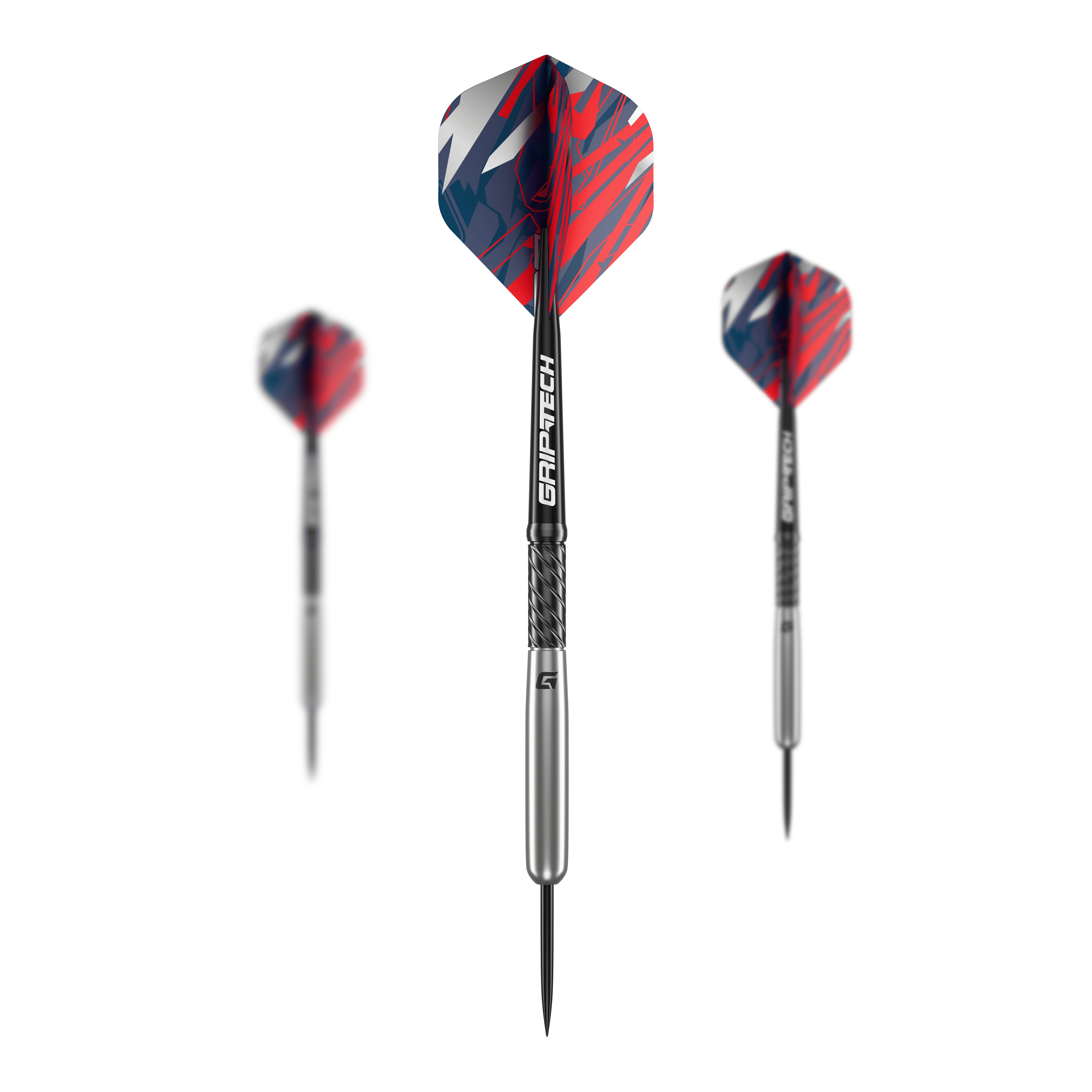 GOAT Homerun Baseball Tungsten Steel Darts Das Bild zeigt drei GOAT Homerun Baseball Tungsten Steeldarts mit silbernem Schaft und bunten, rot-blauen Flights. Die Darts sind modern gestaltet und heben sich durch das auffällige Design ab.