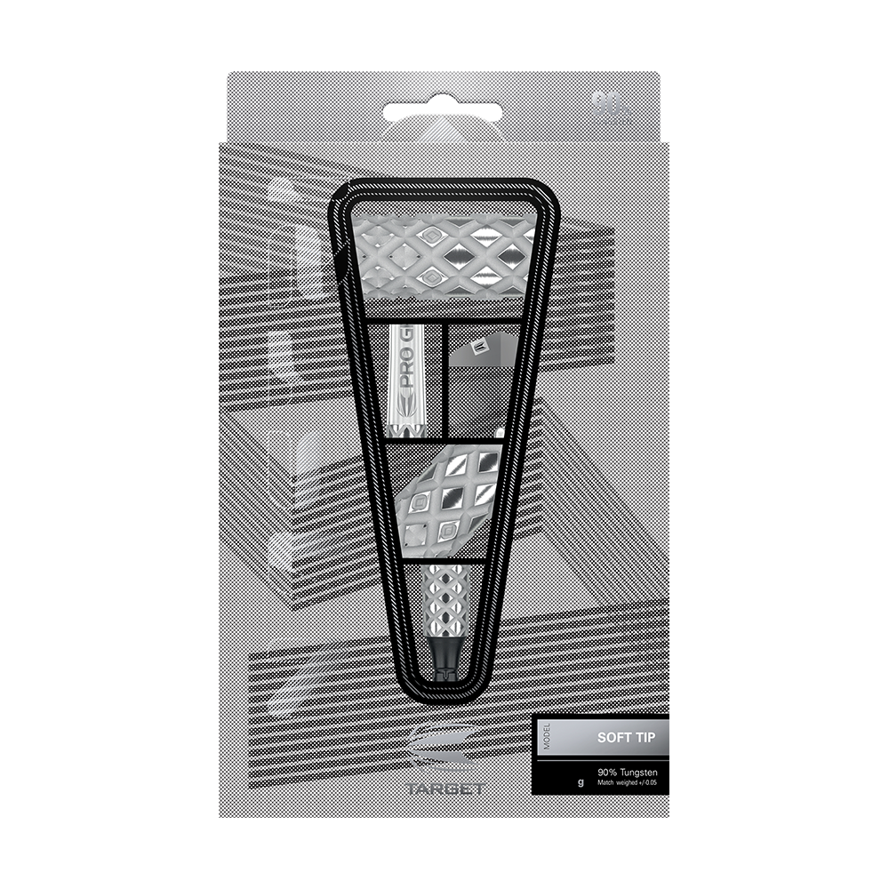 210134_Target_Nastri_10_Softdarts_3 Das Bild zeigt die Target Nastri 10 Softdarts in ihrer Verpackung. Die Darts haben ein modernes, silbernes Design und sind für elektronische Dartboards geeignet.