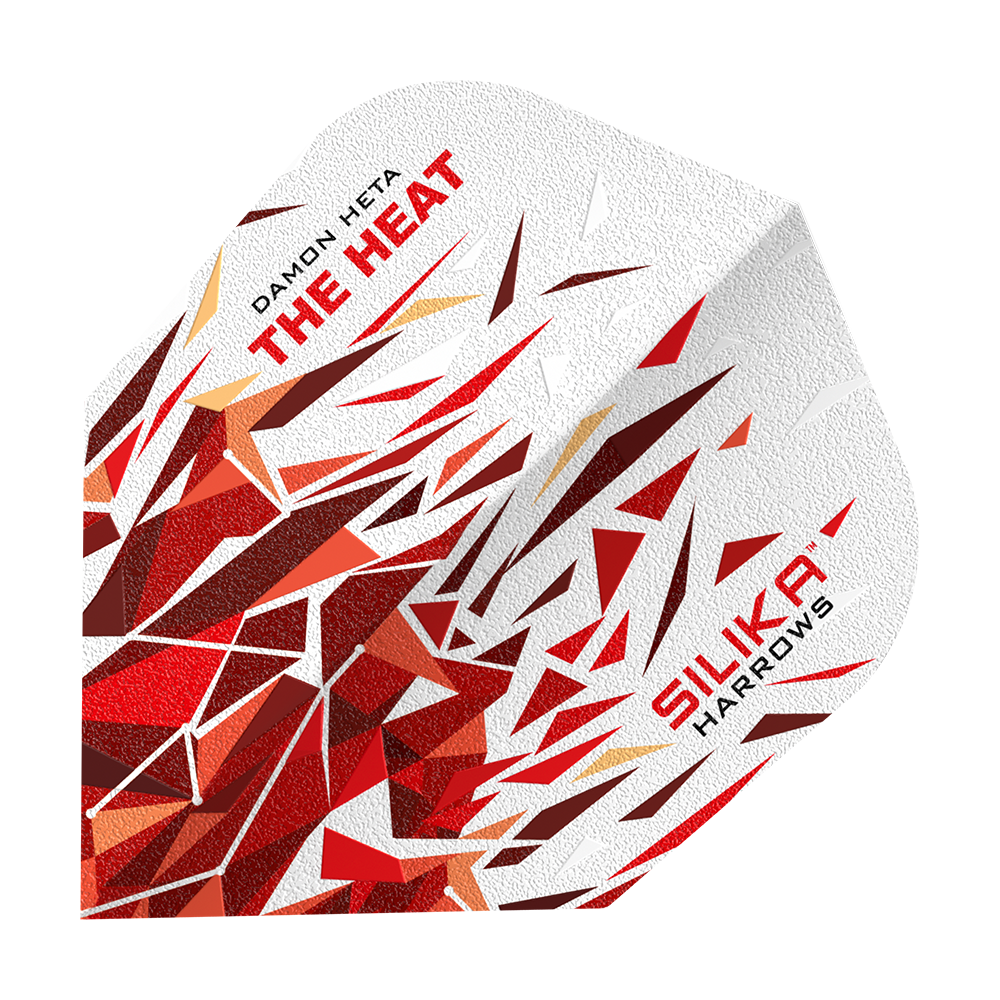 Harrows Silika Damon Heta 2 Solid Tough Crystalline Coating No6 Flights Das Bild zeigt einen Dart Flight mit dem Namen "Harrows Silika Damon Heta 2 Solid Tough Crystalline Coating No6". Das Design ist weiß mit roten und braunen, geometrischen Mustern und dem Schriftzug "THE HEAT" und "SILIKA HARROWS".
