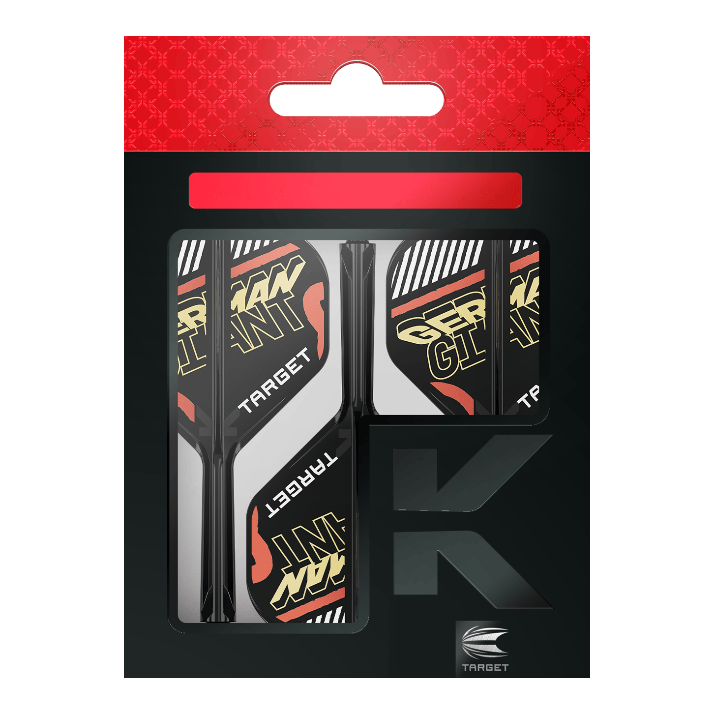 Target K-Flex Gabriel Clemens No2 Standard Flight Shaft System Auf dem Bild ist eine Verpackung mit Dart-Flights und Schäften der Marke Target zu sehen. Auf den Flights steht in gelber Schrift "GERMAN GIANT".